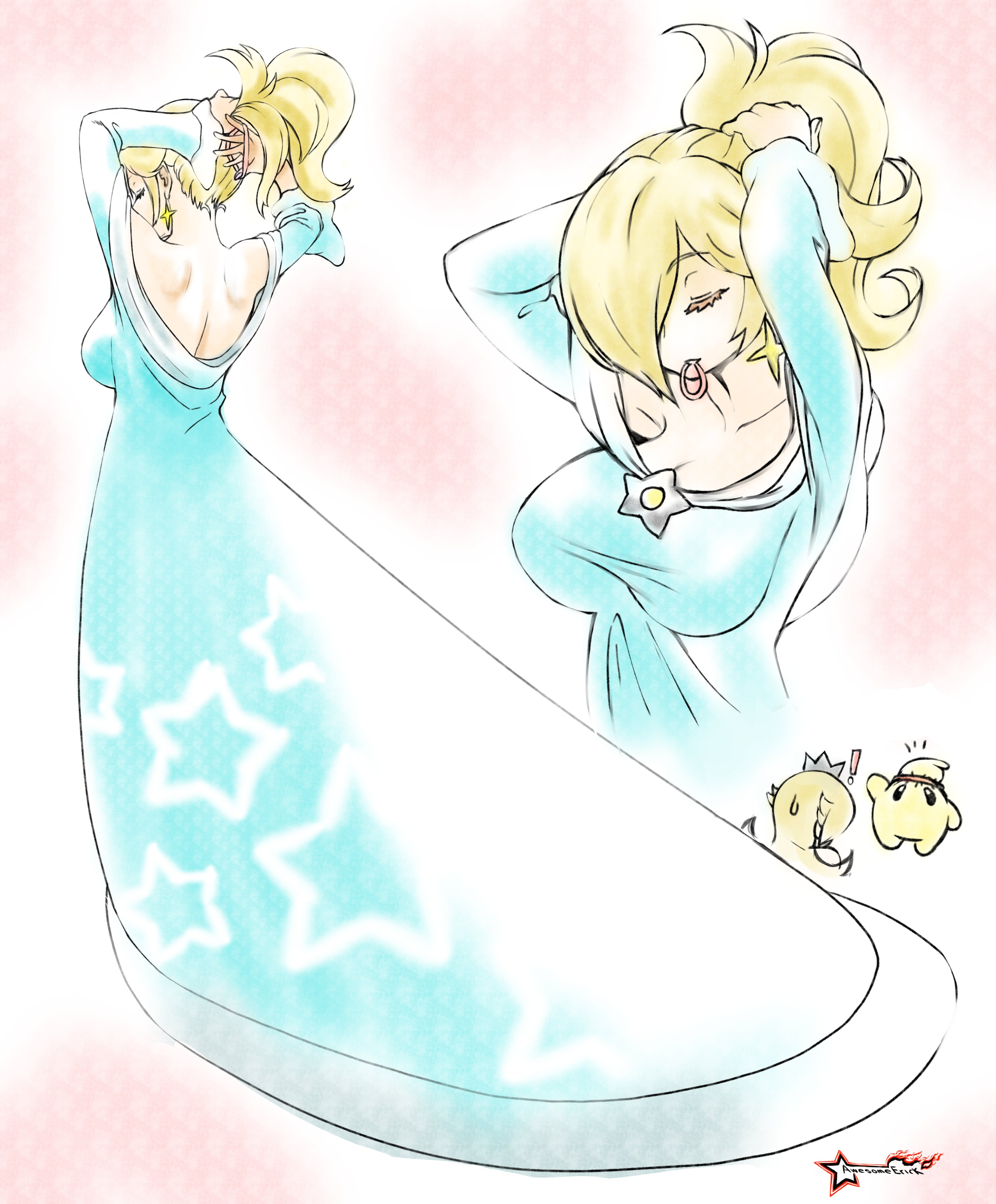 awesomeerix, back, backless dress, backless outfit, blonde hair, blue dress, breasts, closed eyes, clothed, clothing, dress, eyebrows visible through hair, female, full body, hair grab, hair over one eye, large breasts, long dress, luma, mario (series), mouth hold, multiple views, nintendo, ponytail, princess dress, princess rosalina, standing, star, super mario galaxy, tying hair