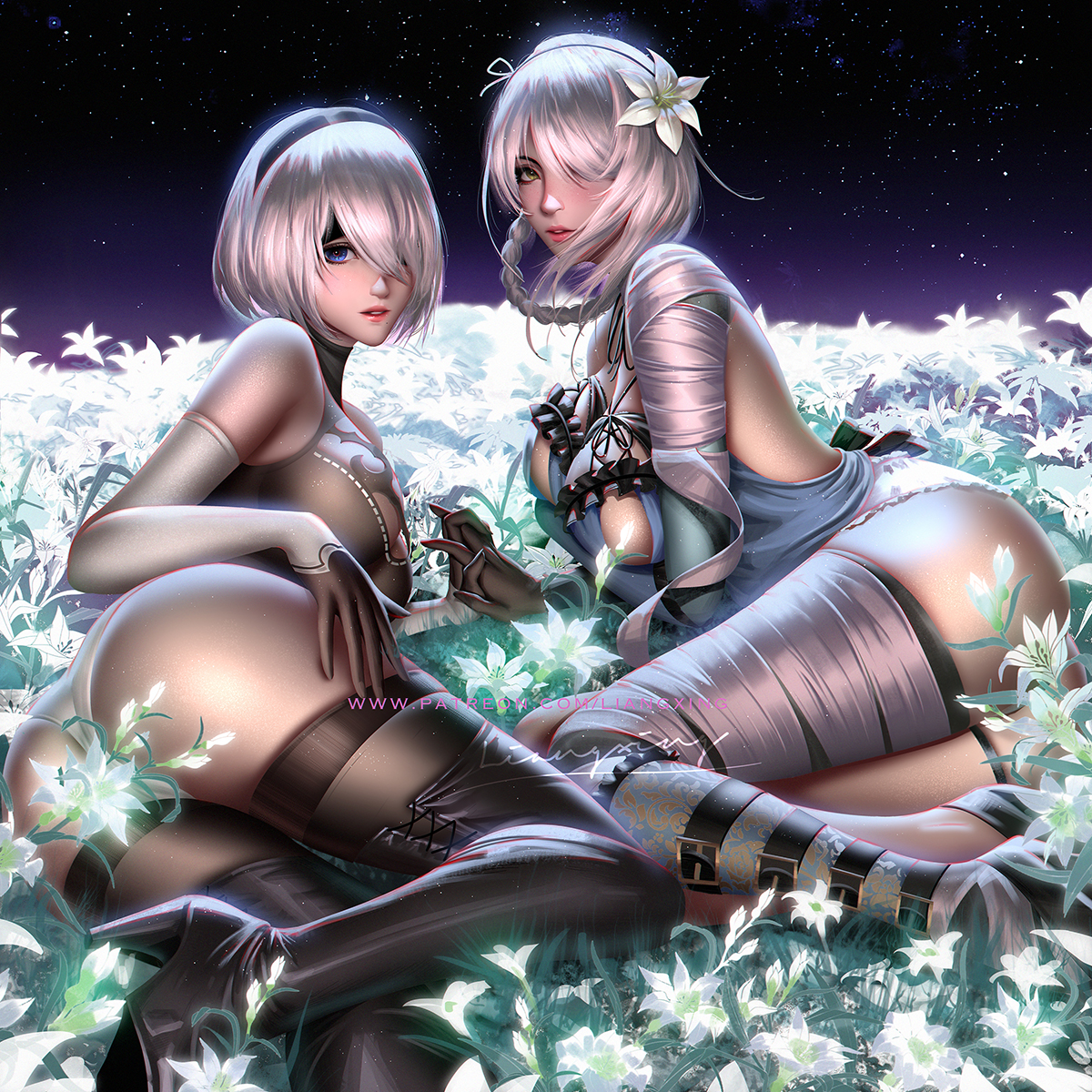 2girls, ass, big ass, female, female only, kaine (nier), liang xing, looking at viewer, looking back, nier, nier replicant, nier: automata, yorha 2b