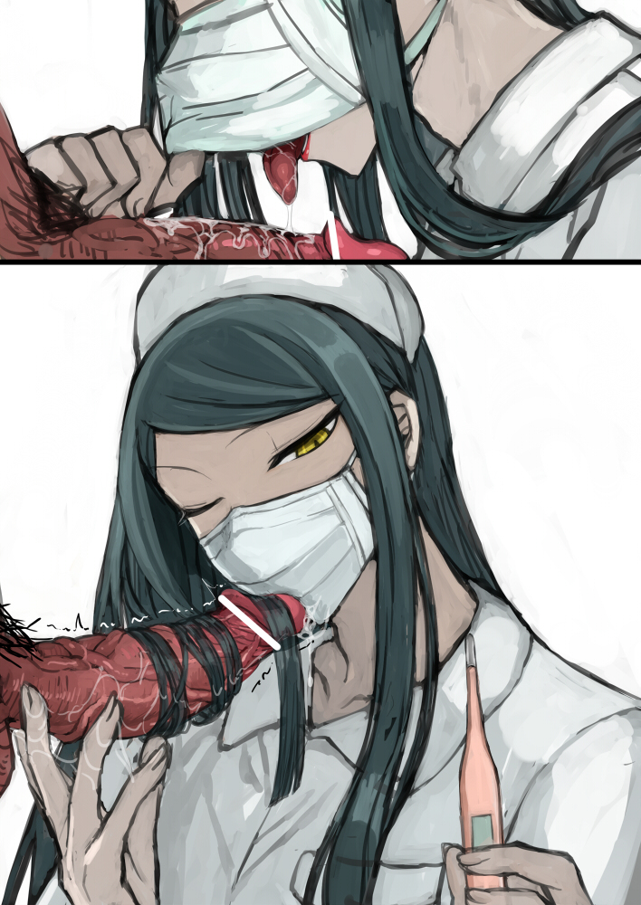 2boys censor_bar censored danganronpa femboy gay girly long_hair male_only mask nurse one_eye_closed penis pubic_hair puru saliva saliva_trail shinguji_korekiyo shinguji_miyadera smooth_skin