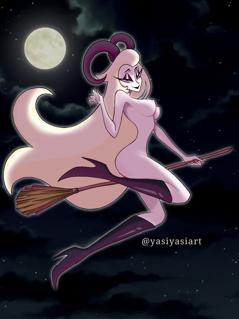 1girls, boots, breasts, broomstick, busty, curvy, demon, female, hazbin hotel, lilith morningstar (hazbin hotel), milf, moonlight, mother, naked, naked footwear, night, nude, solo, solo female, straight hair, succubus, witch hat