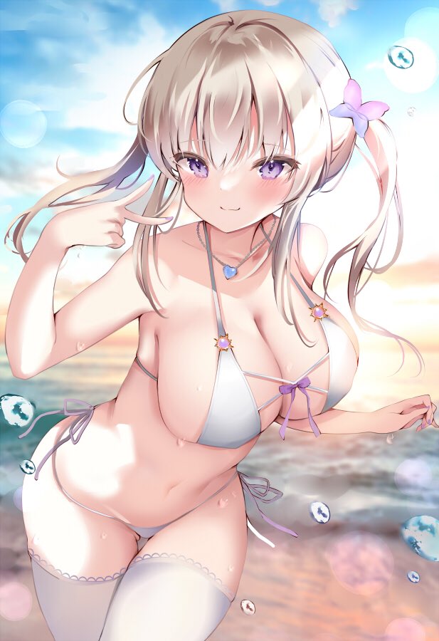 bangs bare_arms bare_shoulders bikini blurry blurry_background blush breasts brown_hair butterfly_hair_ornament cleavage closed_mouth collarbone commentary_request depth_of_field eyebrows_visible_through_hair female hair_between_eyes hair_ornament hand_up large_breasts long_hair looking_at_viewer navel original original_character outdoors pon_(ponidrop) purple_eyes side-tie_bikini smile solo sunset swimsuit thighhighs twintails v water_drop wet white_bikini white_legwear