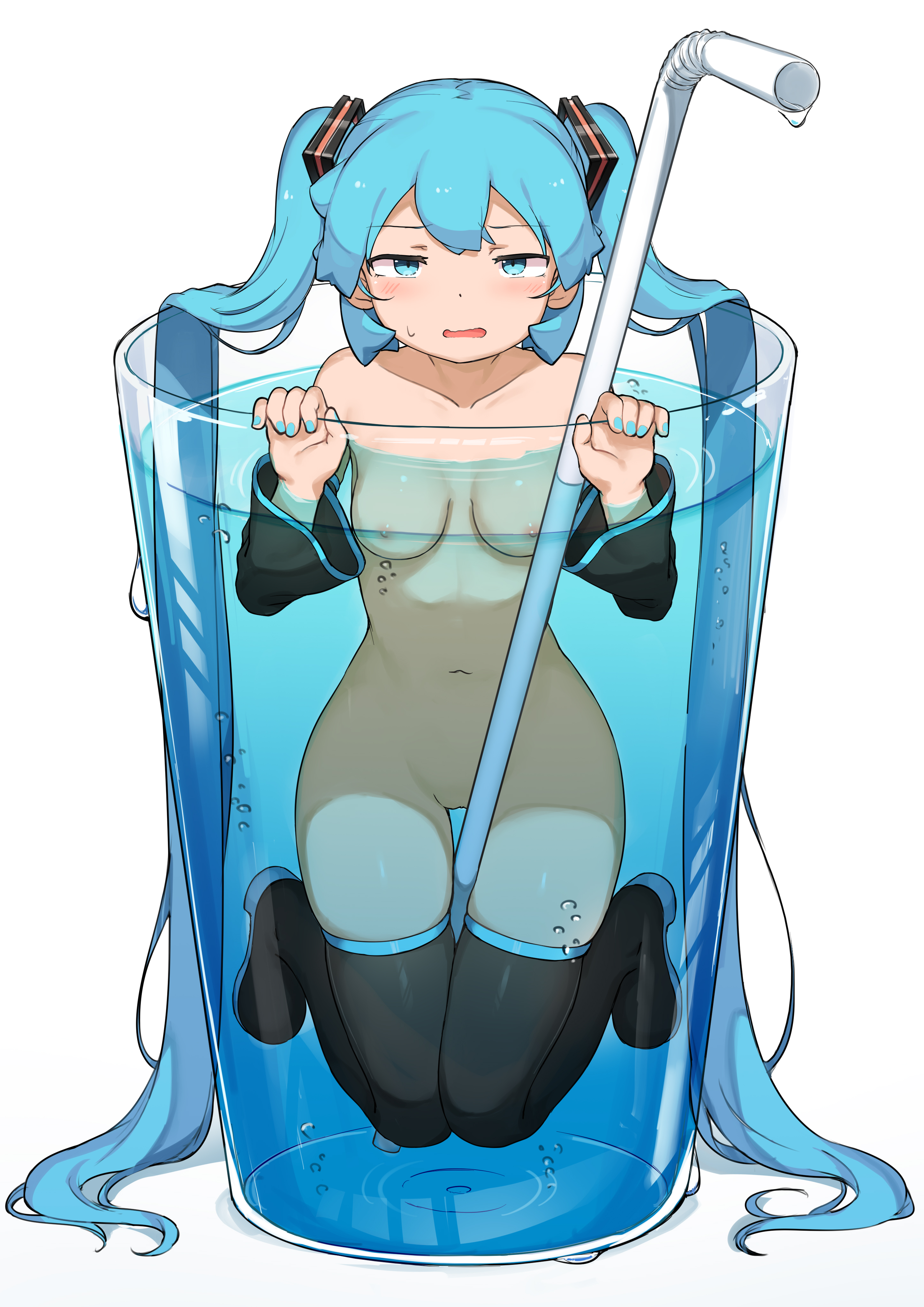 1girl, 1girls, abmayo, aqua hair, bangs, black footwear, black legwear, black thighhighs, blue eyes, blue hair, blush, boots, breasts, collarbone, cup, detached sleeves, drink, female, glass, hair ornament, hands up, hatsune miku, in container, in cup, long hair, looking at viewer, micro female, minigirl, nail polish, naked footwear, navel, nipples, no pubic hair, nude, open mouth, simple background, skindentation, small breasts, solo, tears, thigh boots, thighhighs, twintails, very long hair, vocaloid, water, white background
