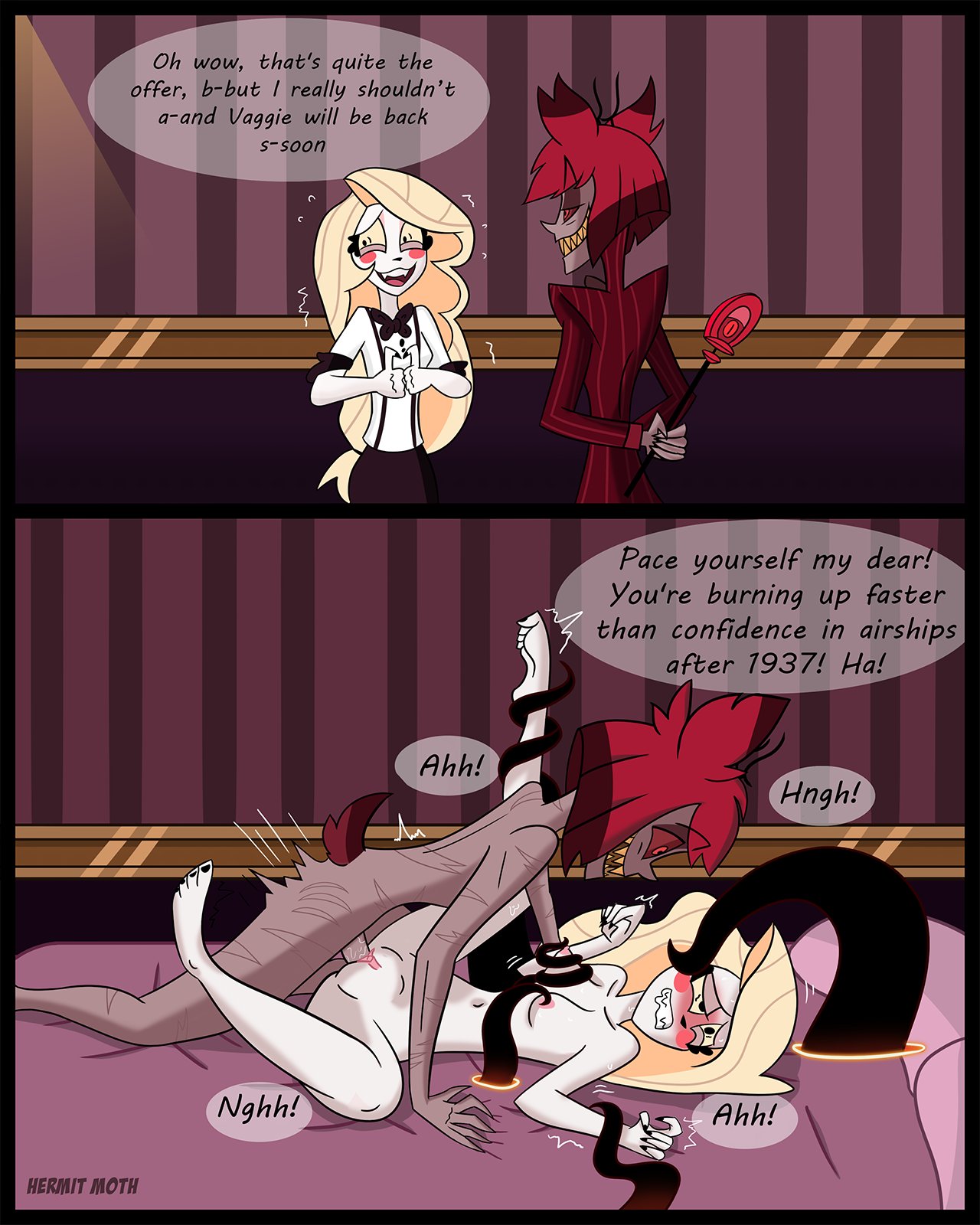 1boy, 1girls, alastor (hazbin hotel), barefoot, bowtie, charlie morningstar (hazbin hotel), cheating, cheating girlfriend, clenched toes, clothing, demon, demon girl, dialogue, english text, feet, feet up, female, female focus, hazbin hotel, hermitmoth, humanoid, instant loss 2koma, male, male/female, monster, monster girl, neckwear, red hair, sex, smooth skin, soles, speech bubble, straight, text, toe curl, toe scrunch, toes, tuxedo, vivienne medrano