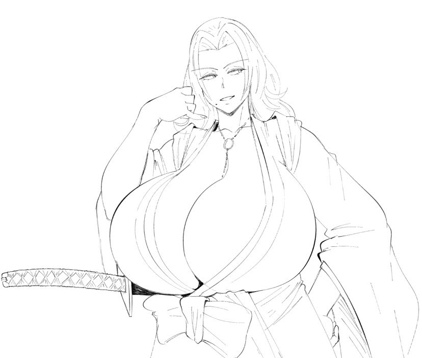 1girls, bleach, breasts, bursting breasts, cleavage, female, female only, huge breasts, matsumoto rangiku, monochrome, sketch, solo, sunnysundown