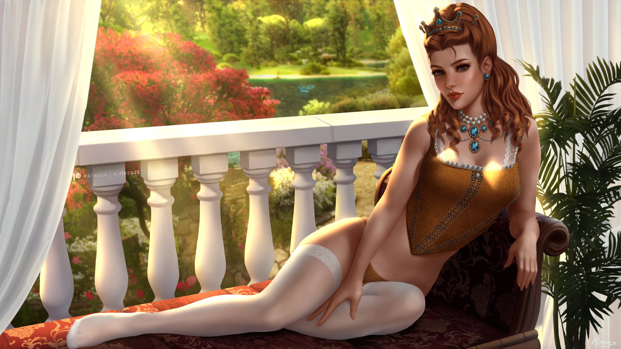 anna henrietta, blonde hair, cd projekt red, clothed, female, firenze art, looking at viewer, lowres, realistic, solo female, the witcher, the witcher (series), the witcher 3: wild hunt, thighhighs, tiara