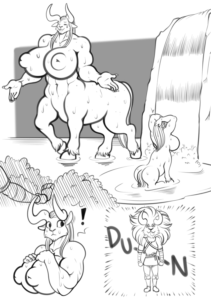 ! 2021 anthro ass bathing big_breasts breasts duo female freckles_(artist) greyscale hair horn huge_breasts humanoid inverted_nipples link long_hair lynel lynel_female male monochrome monster_girl muscular muscular_female nintendo nipples size_difference smaller_male taur the_legend_of_zelda video_games waterfall waterfall_shower