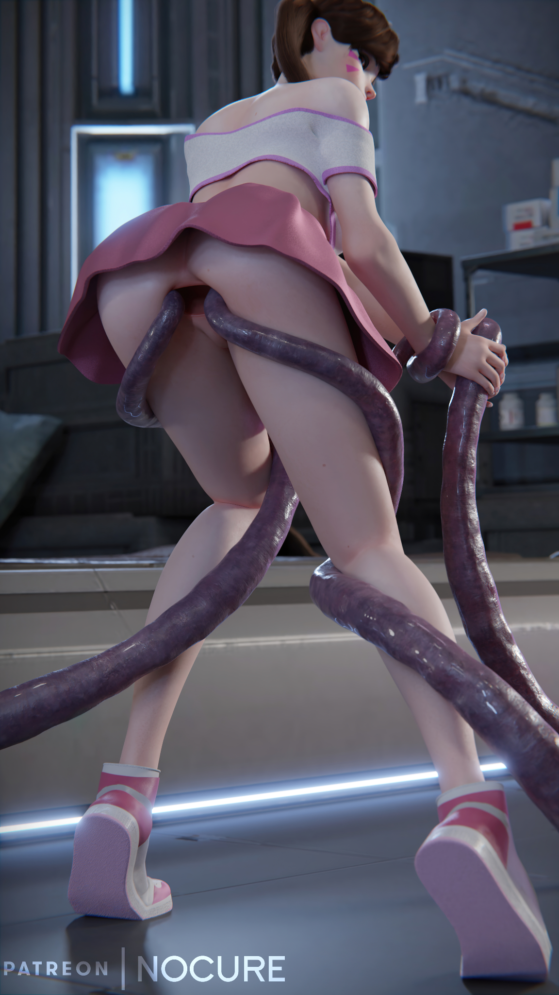 1girls, 3d, anal, ass, bent over, blizzard entertainment, d.va, female, from behind position, gape, looking at viewer, looking back, miniskirt, no panties, nocure21o, overwatch, skimpy clothes, skirt, standing, standing sex, stretched anus, tentacle, tiptoes