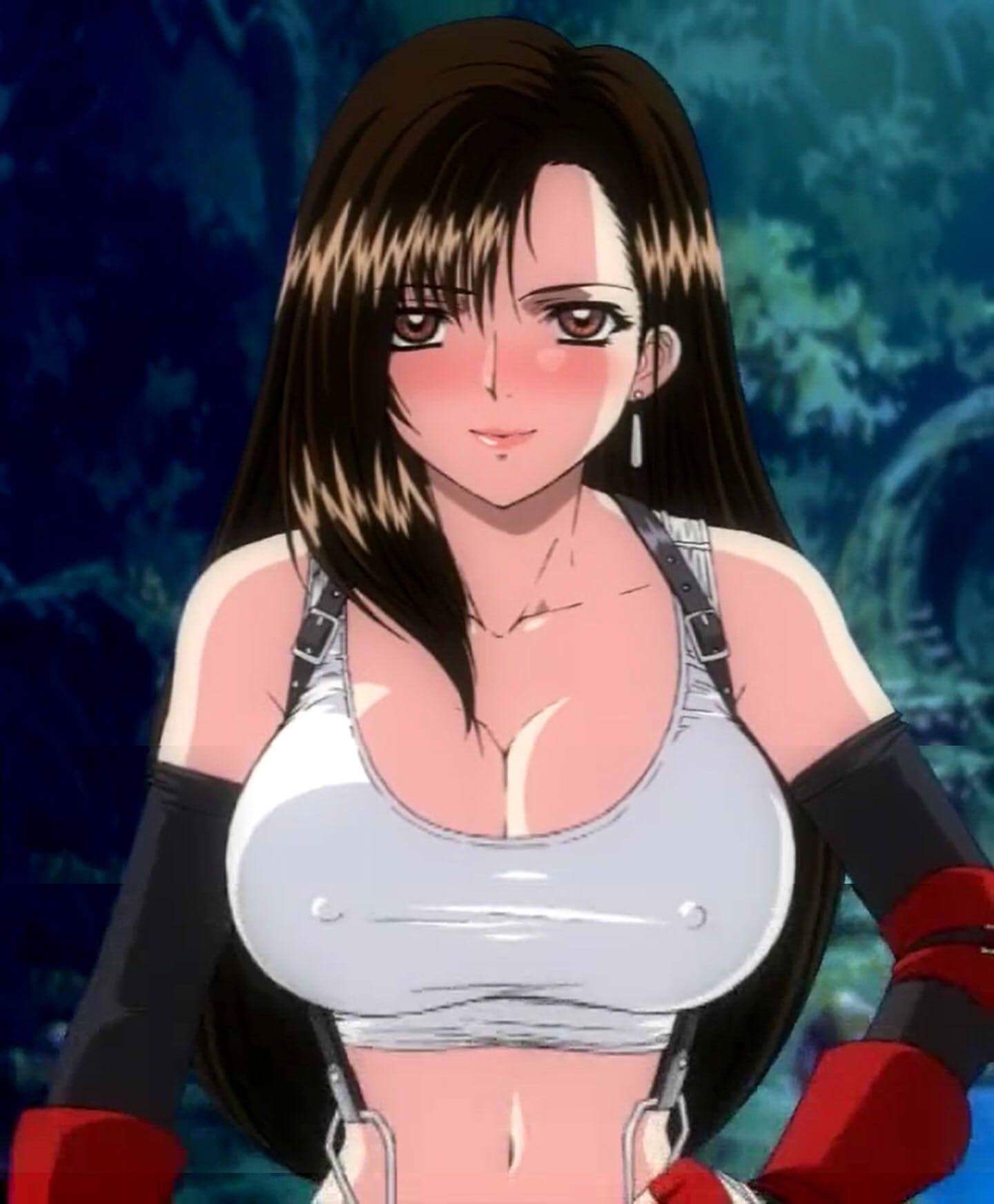 00s 1990s_(style) 1girls big_breasts blush breasts brown_eyes brown_hair cleavage erect_nipples erect_nipples_under_clothes female female_only final_fantasy final_fantasy_vii hand_on_hip hitsuki huge_breasts lipstick looking_at_viewer midriff navel no_bra pink_lipstick retro_artstyle screencap smile solo square_enix standing stitched straight_hair tank_top tifa_lockhart voluptuous