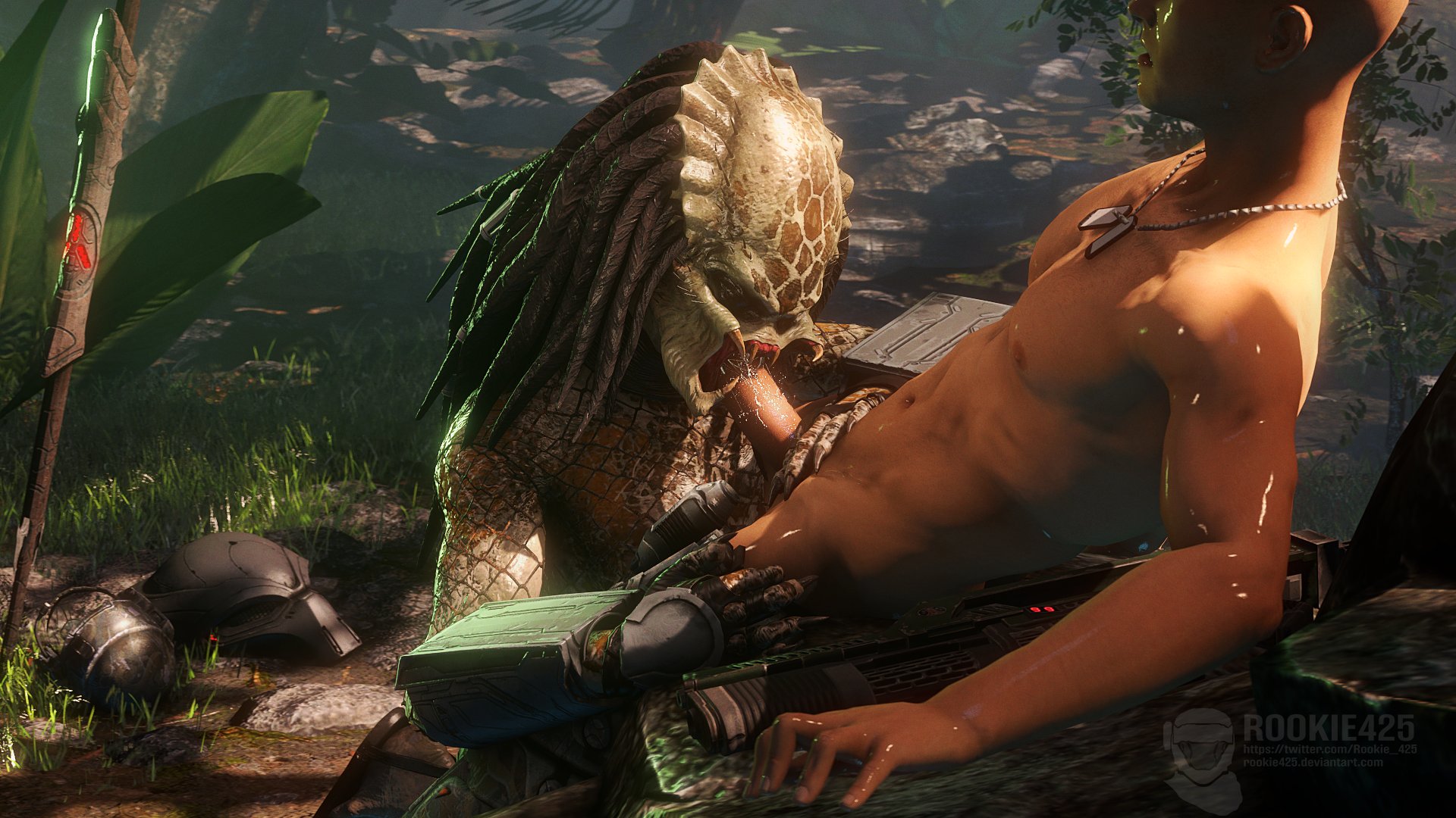 1boy, 1girls, 3d, alien, alien girl, alien/human, black hair, blowjob, bravo44, breasts, claws, closed eyes, cum, cum in mouth, cum inside, detailed background, dog tags, duo, fangs, fellatio, female, female yautja, genital fluids, genitals, hair, human, human penetrating, interspecies, male, male/female, mandibles, open mouth, oral, penis, pleasure face, predator (franchise), predator mask, rookie425, sex, straight, yautja