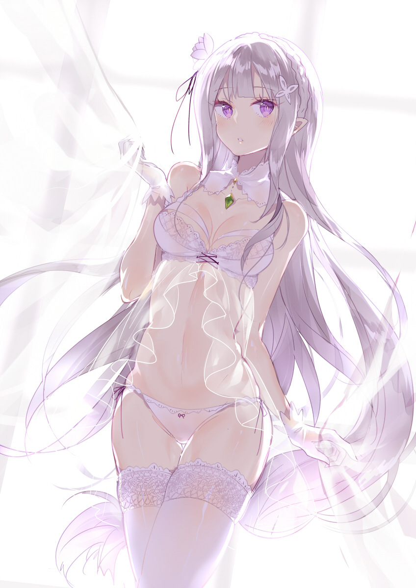 babydoll blush braid breasts cleavage collar_(clothes) curtains detached_collar domotolain elf emilia_(re:zero) female flower gloves hair_flower hair_ornament high_resolution lingerie long_hair looking_at_viewer medium_breasts midriff navel negligee nightgown open_mouth pale_skin pantsu pointed_ears purple_eyes re:zero_kara_hajimeru_isekai_seikatsu see-through silver_hair soft_colors solo tagme thighhighs tied_hair underwear underwear_only white_gloves white_hair white_handwear white_legwear white_underwear