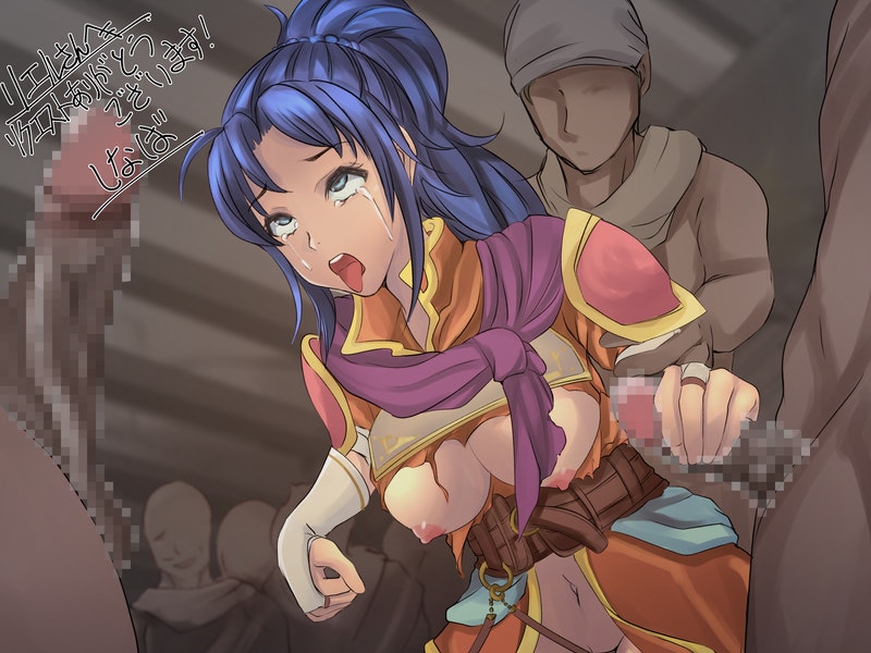 1girls 3boys areolae arm_grab blue_eyes blue_hair censored crying crying_with_eyes_open dark-skinned_male fire_emblem fire_emblem:_new_mystery_of_the_emblem from_below fucked_silly gangbang gangrape handjob hanging_breasts kris_(female)_(fire_emblem) kris_(fire_emblem) large_breasts morotomo multiple_boys nintendo nipples ponytail rape sex skeb_commission torn_clothes