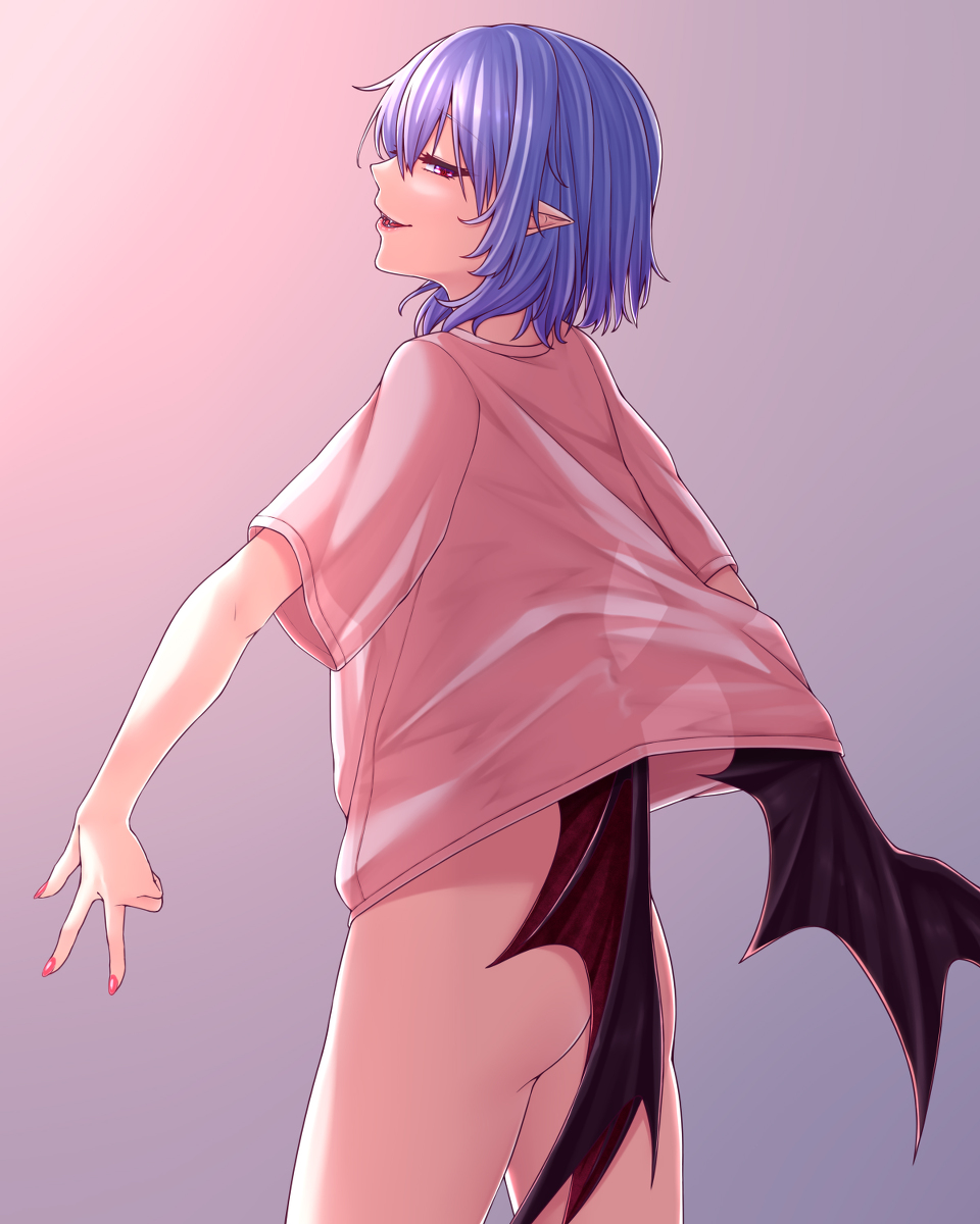 1girls ass bat_wings blue_hair bottomless fangs female_only looking_at_viewer looking_back monster_girl no_panties pointy_ears red_eyes remilia_scarlet see-through see-through_clothing see-through_silhouette short_hair smile sultry_eyes touhou vampire zeramu