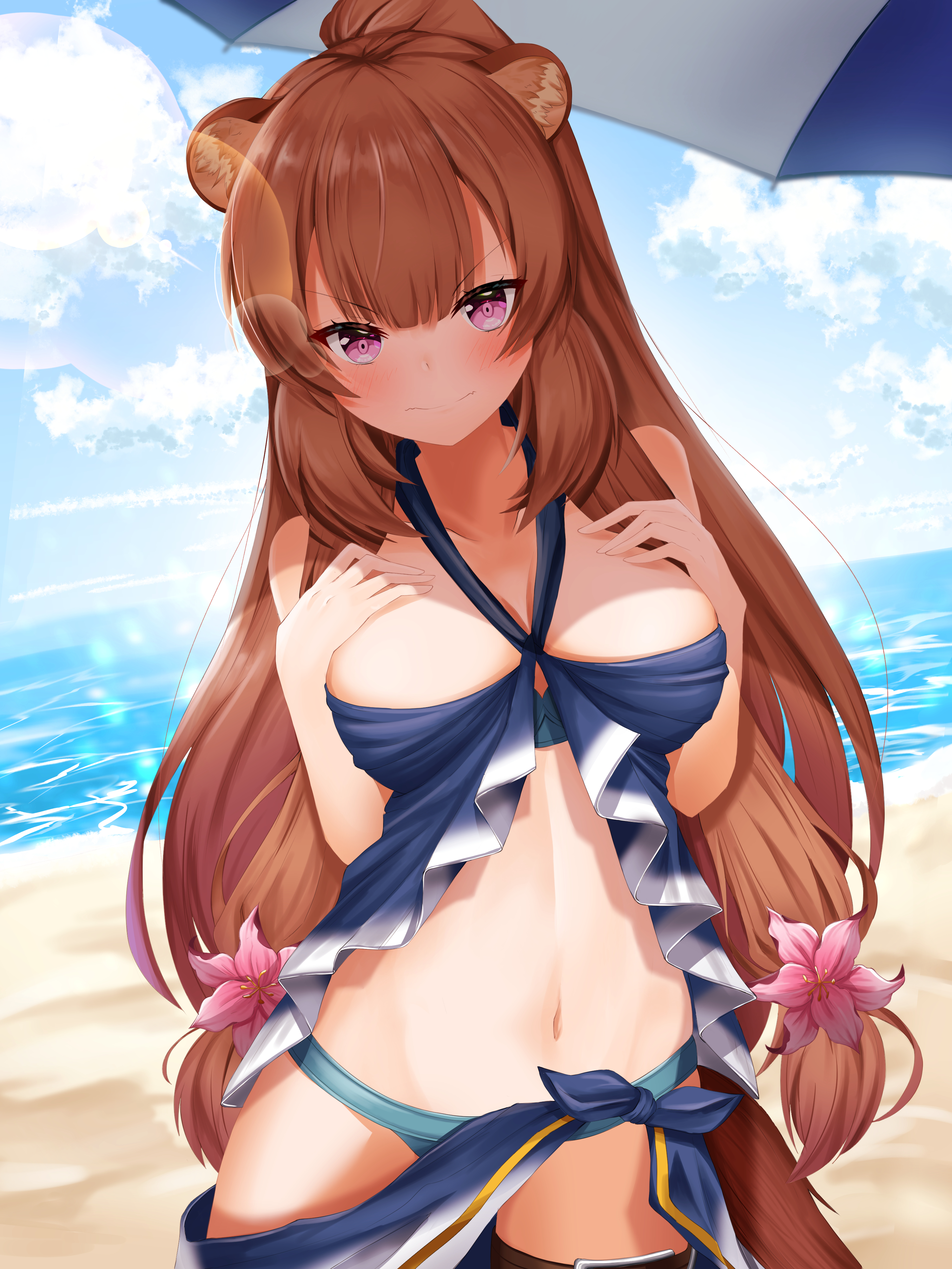 angry, animal ears, beach, blush, breasts, brown hair, female, flower, large breasts, long hair, navel, pink eyes, raccoon ears, raphtalia, swimsuit, tagme, tate no yuusha no nariagari, the rising of the shield hero