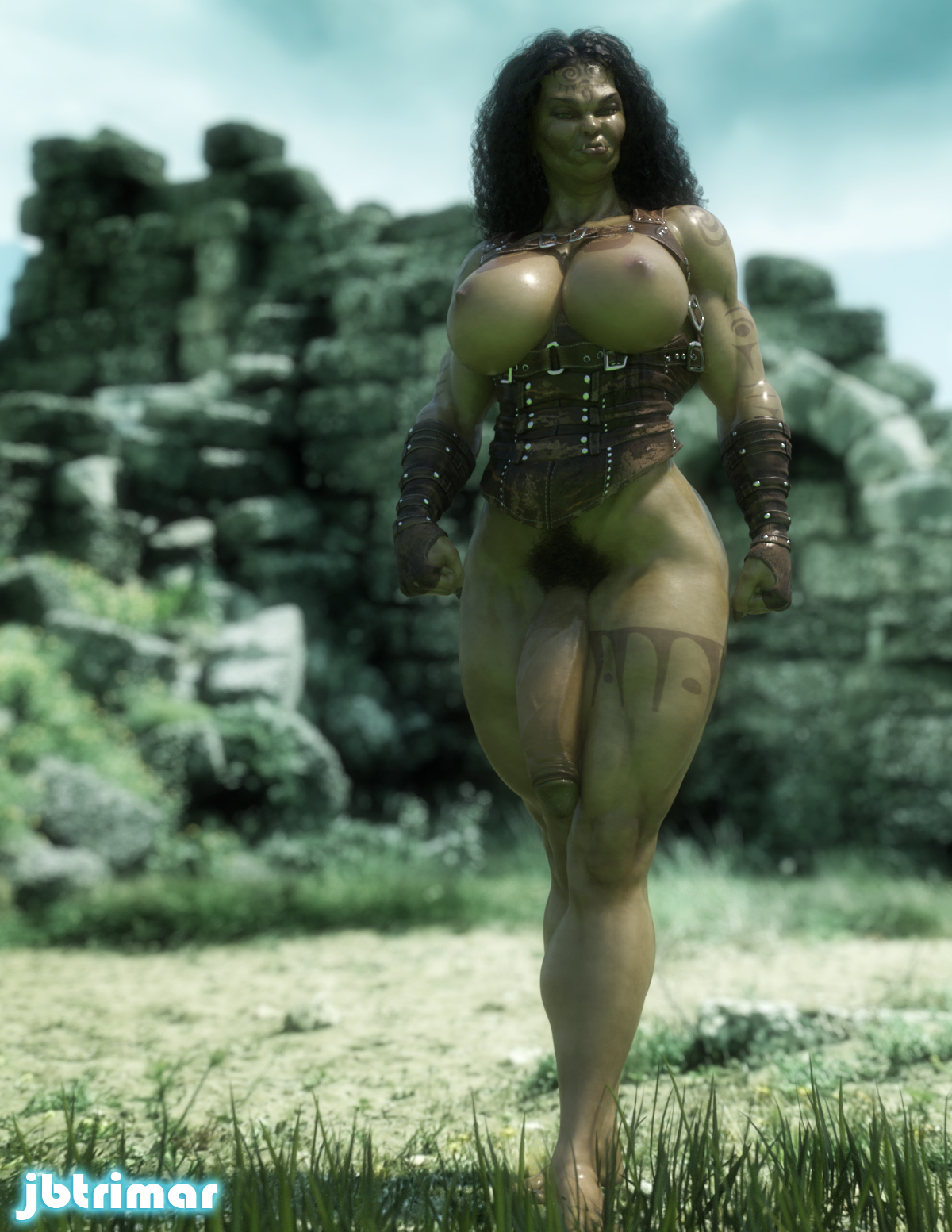 1futa, 3d, areolae, big breasts, big penis, black hair, breasts, corset, dark hair, dickgirl, futa only, futanari, green skin, guska azzakari, intersex, jbtrimar, large breasts, muscular, muscular arms, muscular futa, muscular legs, nipples, orc, orc futa, penis, pubic hair, solo
