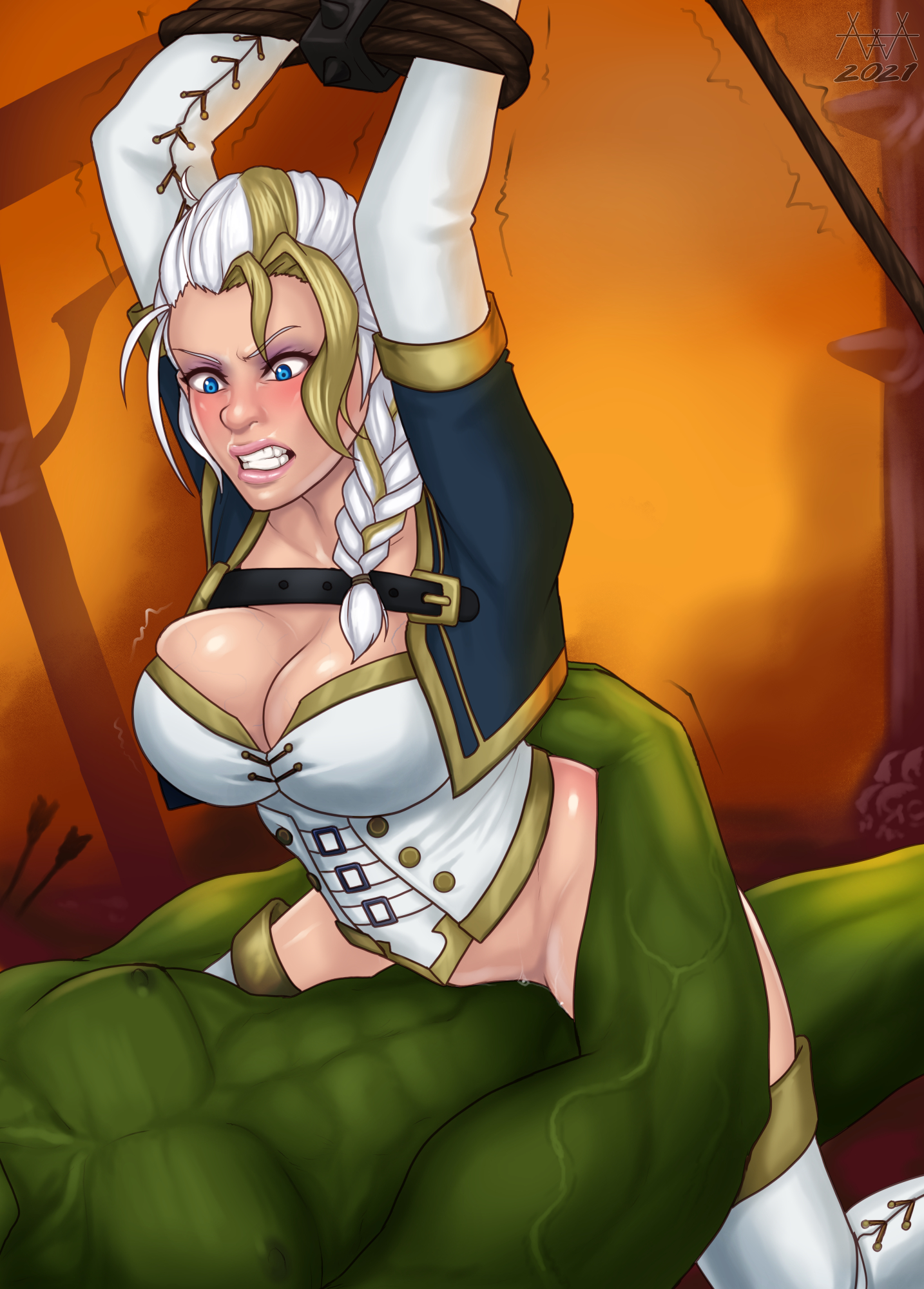 1boy, 1girls, 2021, aaaninja, ambiguous penetration, angry, angry face, arms up, bad end, big breasts, blizzard entertainment, blue eyes, bondage, bottomless, bound, bound arms, bound wrists, braided ponytail, breasts, captured, captured heroine, cleavage, clenched teeth, clothed, clothed female nude male, clothed sex, corset, cowgirl position, defeated, defeated heroine, embarrassed, female, female human, female on top, full lips, human, interspecies, jaina proudmoore, large breasts, light skin, light-skinned female, mage (warcraft), male, maledom, mature female, monster rape, muscular, muscular male, no panties, orc, orc (warcraft), orc male, orced, pussy, rape, restrained, restraints, sex, sex slave, slim waist, straddling, teratophilia, two-tone hair, vaginal penetration, variant set, warcraft, world of warcraft