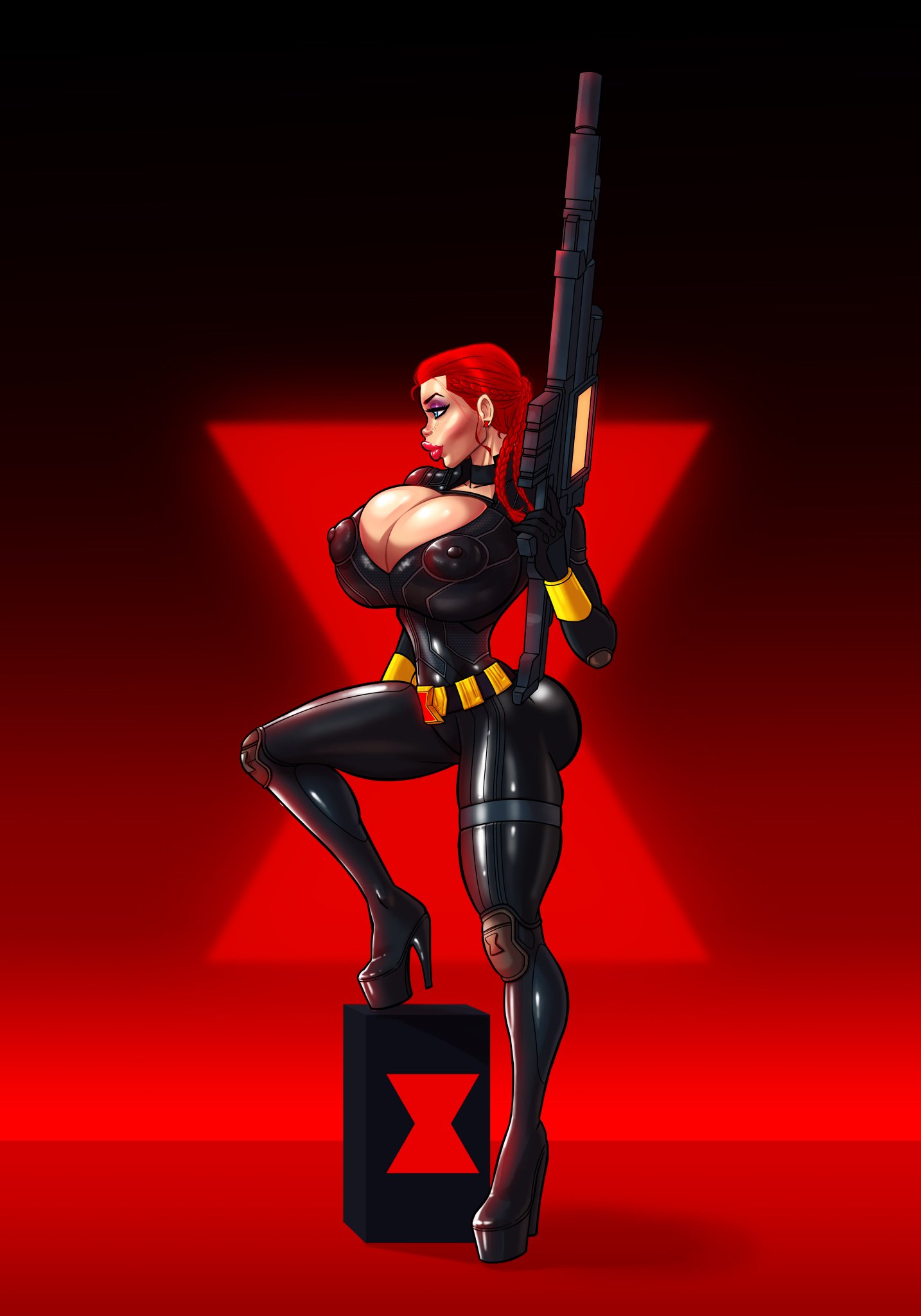 1girls, alternate breast size, alternate version available, big breasts, bimbo, bimbo lips, black widow (marvel), black widow (movie), blue eyes, bodysuit, braided hair, breasts, breasts bigger than head, busty, cleavage, curvy, dargoden, female, female only, gun, hero, high heels, huge breasts, human only, large breasts, leather, light skin, light-skinned female, marvel, marvel cinematic universe, marvel comics, natasha romanoff, platform heels, red hair, rifle, short hair, skin tight, sniper, sniper rifle, solo, solo female, superheroine, thick lips, tight clothing, top heavy, upper body, voluptuous, wide hips