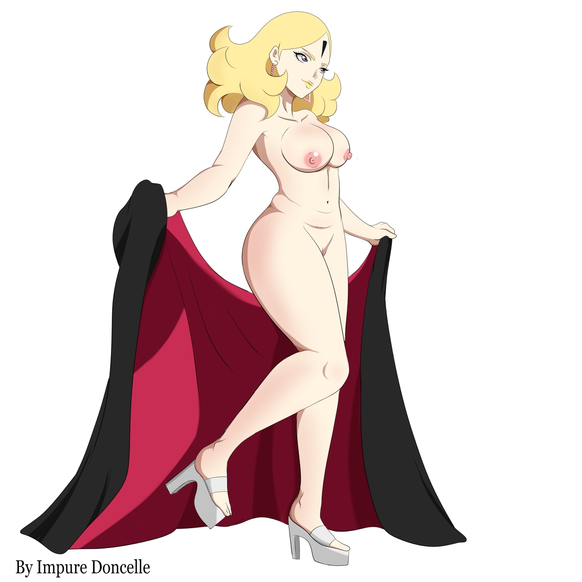 1girls, areolae, artist name, bangs, bare legs, body blush, boruto: naruto next generations, breasts, cleavage, curvaceous, curvy, curvy female, curvy figure, delta (boruto), ear piercing, earrings, eyelashes, facial mark, feet, female, female only, female pubic hair, footwear, forehead mark, full body, functionally nude, heels, hi res, impuredoncelle, jewelry, legs, light skin, light-skinned female, lipstick, long hair, long legs, makeup, medium breasts, messy hair, naked, naked footwear, naruto, naruto (series), navel, nipples, nude, open toe shoes, pale skin, pale-skinned female, parted bangs, platform heels, pubes, pubic hair, purple eyes, pussy, raised leg, robe, shiny, shiny skin, simple background, skindentation, smile, solo, solo focus, standing, text, toes, undressing, unusual anatomy, unusual eyes, unusual pupils, vagina, very high resolution, walking, watermark, white background, wide hips, yellow hair, yellow lipstick