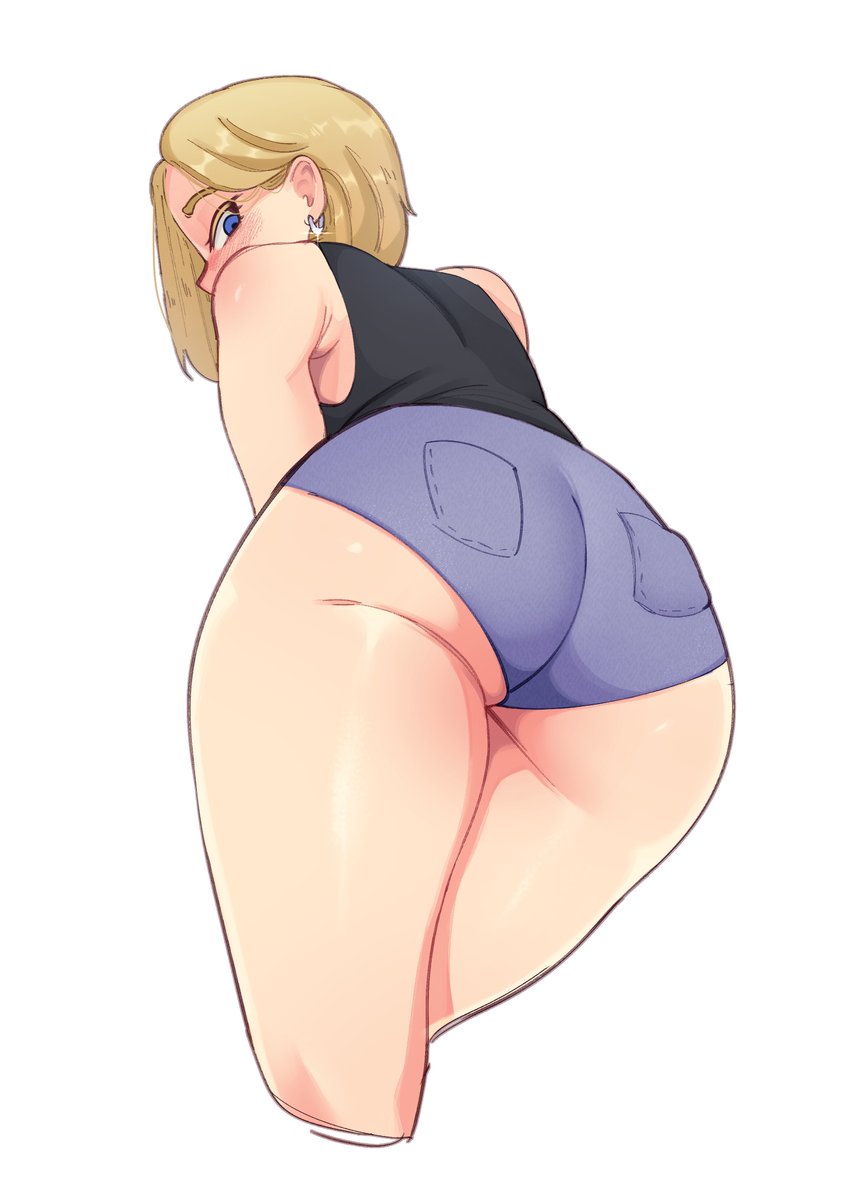 android_18 ass ass_focus back_view dragon_ball jean_shorts looking_at_viewer samma9 tagme