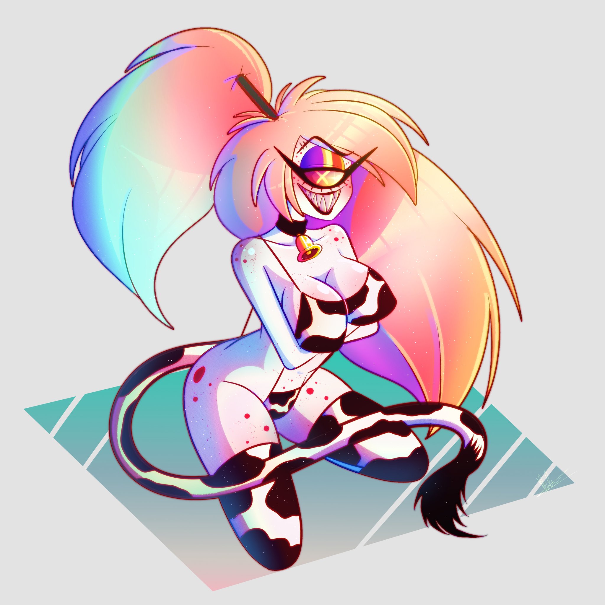 1girls, bell, bell collar, bichcarito, big breasts, bottom heavy, breasts, busty, cherri bomb, cow print, cow tail, curvy, cute, cyclops, demon, demon girl, female, freckles, furry, hazbin hotel, hourglass figure, huge breasts, large breasts, pink hair, pinup, smooth skin, solo, solo female, swimsuit, thick thighs, wide hips