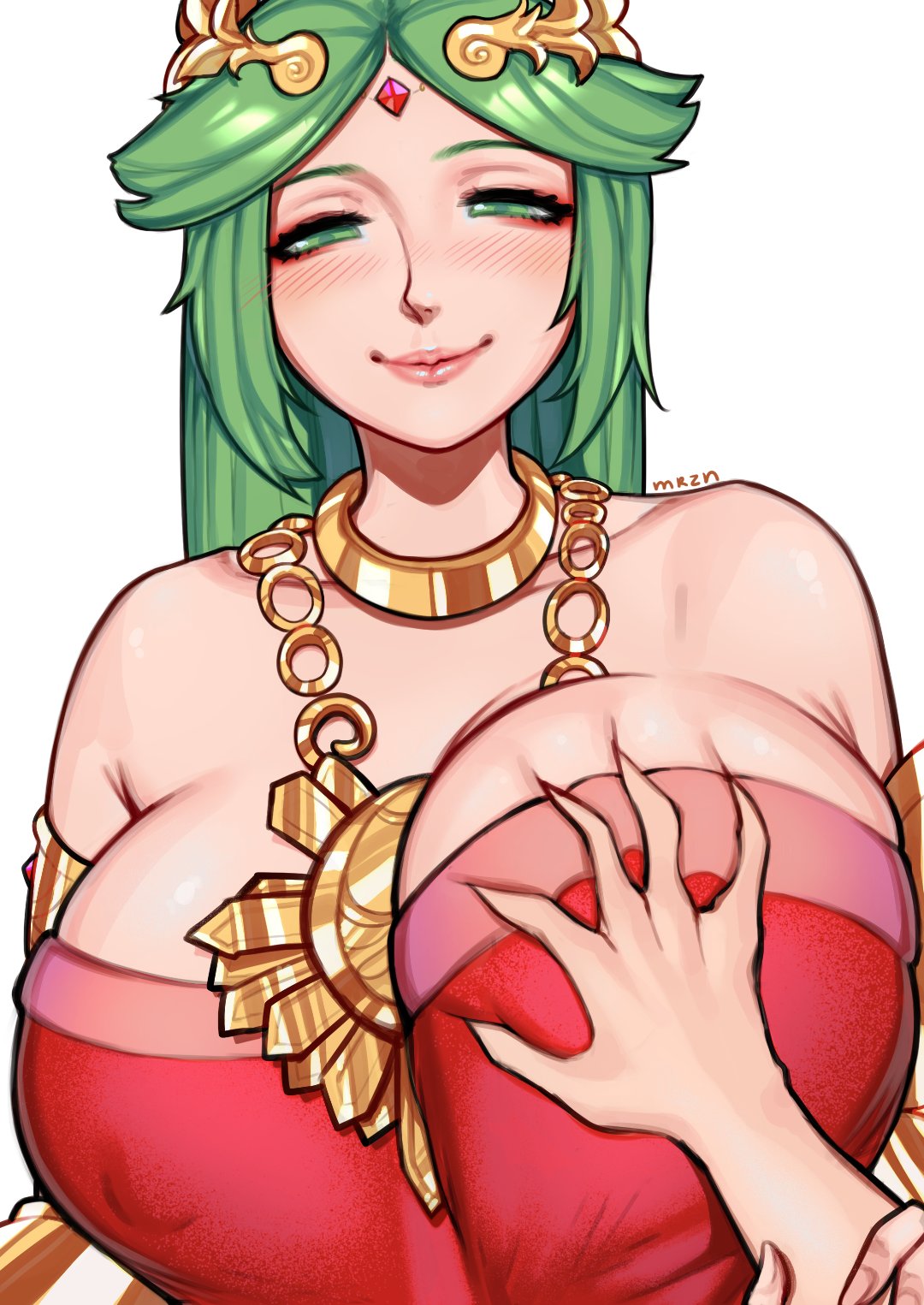 1girls alternate_breast_size big_breasts breast_grab breasts cleavage disembodied_hand female goddess green_hair guided_breast_grab hand_on_breast huge_breasts kid_icarus kid_icarus_uprising long_hair mariezone milf nintendo palutena pink_dress tiara