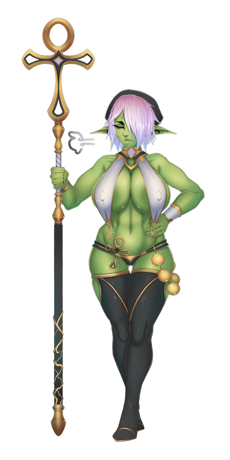 1:2 anal_beads areola areola_slip big_breasts breasts clothing female goblin goblin_female green_body green_skin hair hi_res huge_breasts humanoid legwear liz_(urw) long_ears not_furry pink_hair sex_toy shortstack solo staff thighhighs urw wide_hips