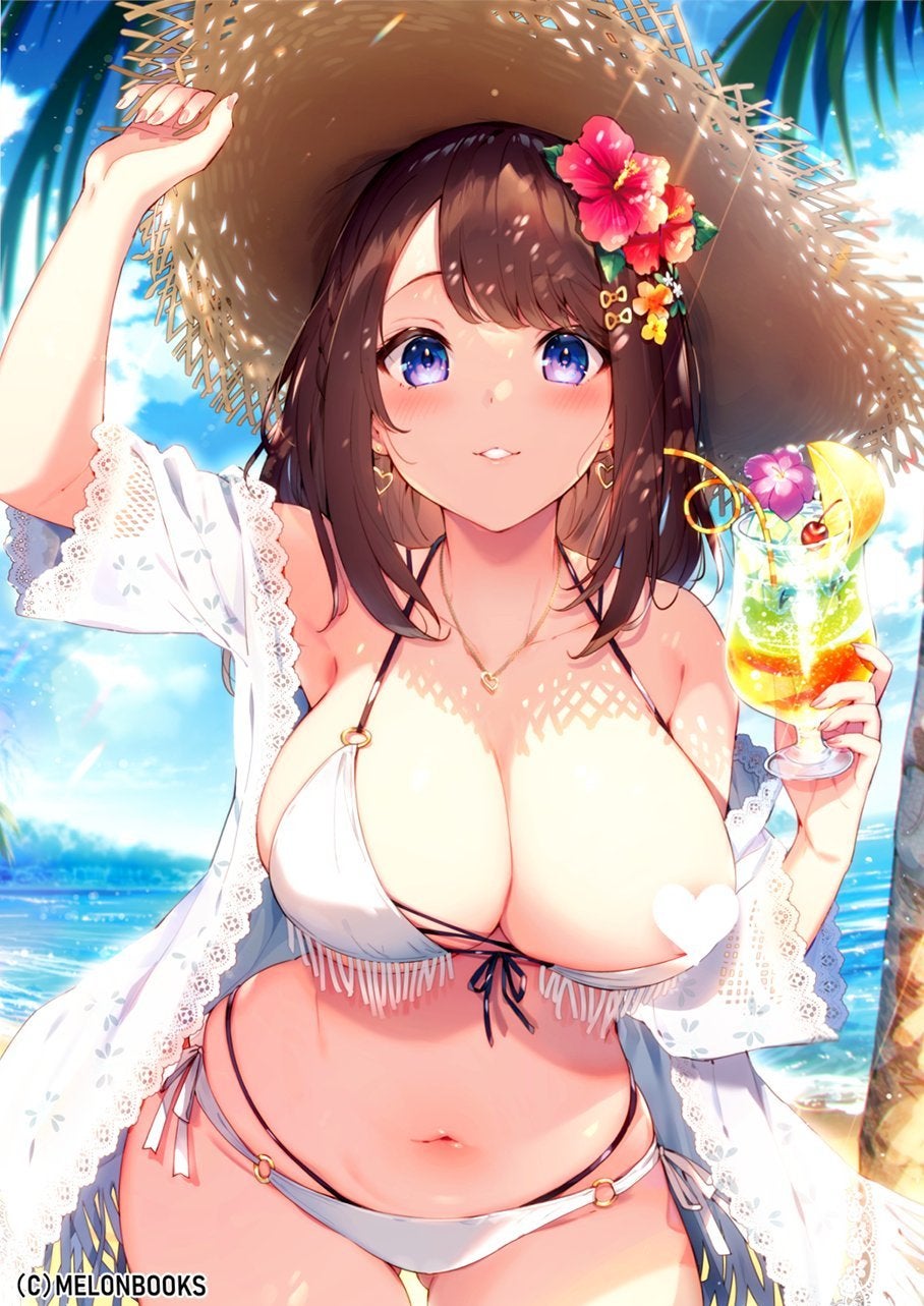 1girls alcohol artist_request backpack beach big_ass big_breasts blue_eyes blush bra brown_hair censored censored_nipples child_bearing_hips cleavage complex_background female female_only flower_in_hair hairpin heart_censor huge_breasts japanese_clothes melonbooks ocean one_breast_out palm_trees panties short_hair skirt skirt_lift smile solo straw_hat thick_thighs wardrobe_malfunction white_bikini white_bra wide_hips