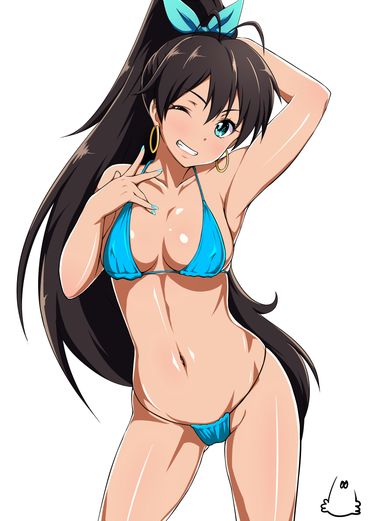 1girls ahoge aqua_eyes aqua_nails archway_of_venus armpits bikini black_hair blue_bikini blue_swimsuit bow breasts clothing contrapposto cowboy_shot earrings erect_nipples erect_nipples_under_clothes female fingernails ganaha_hibiki gluteal_fold grin groin hair_ornament hairbow hand_on_chest hand_on_own_chest head_tilt high_ponytail hoop_earrings idolmaster idolmaster_(classic) jabara_tornado jewelry light_blue_bikini light_blue_swimsuit long_hair looking_at_viewer nail_polish navel nipples one_arm_up one_eye_closed ponytail shiny shiny_skin simple_background smile solo standing string_bikini swimsuit tied_hair triangle_bikini very_long_hair white_background wink