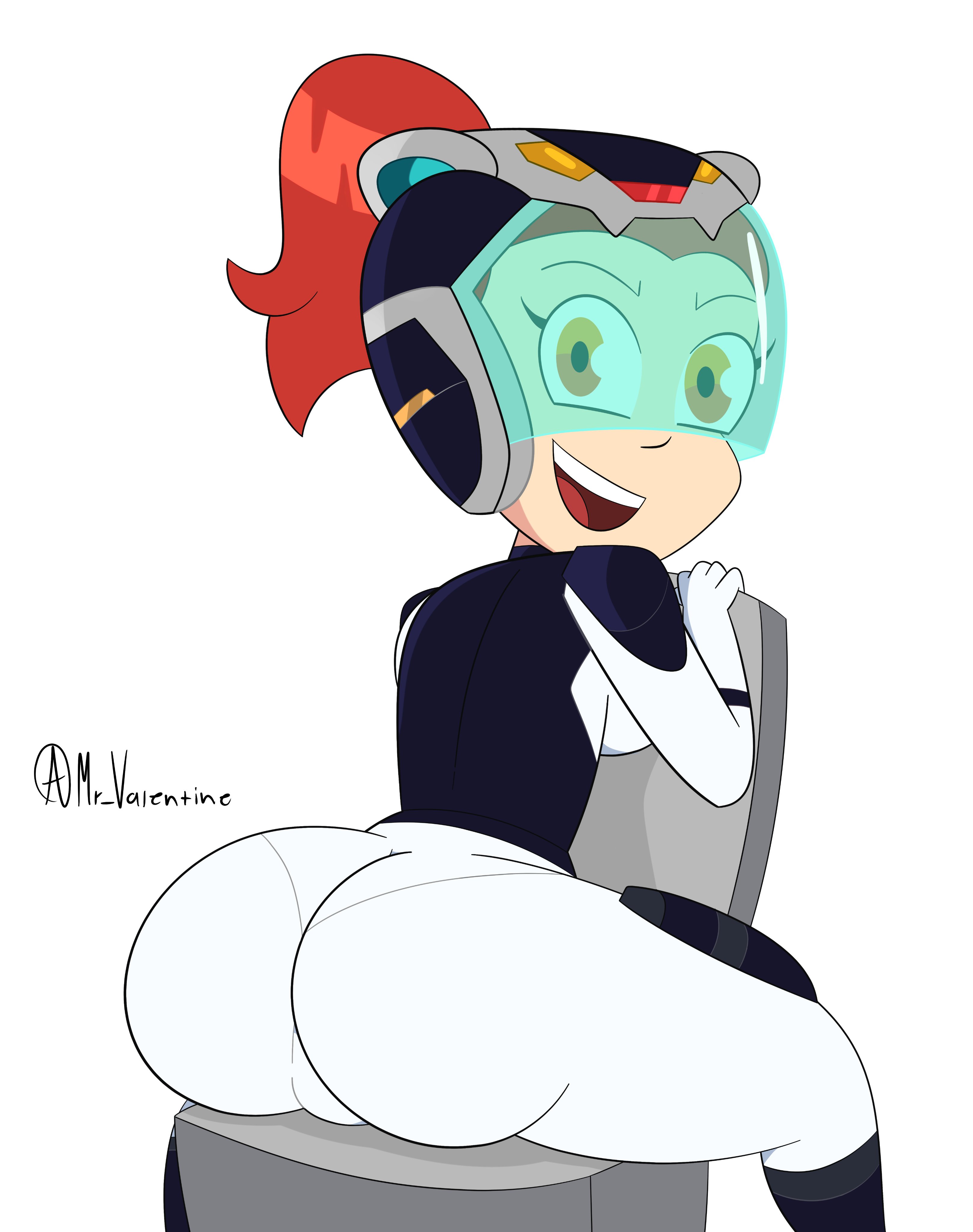 1girls, 2021, ass, big ass, chair, female, flat colors, fully clothed, helmet, kendra (rick and morty), looking at viewer, looking back, mr valentine00, open mouth, ponytail, rear view, red hair, rick and morty, signature, sitting, smile, solo, three-quarter portrait, white background