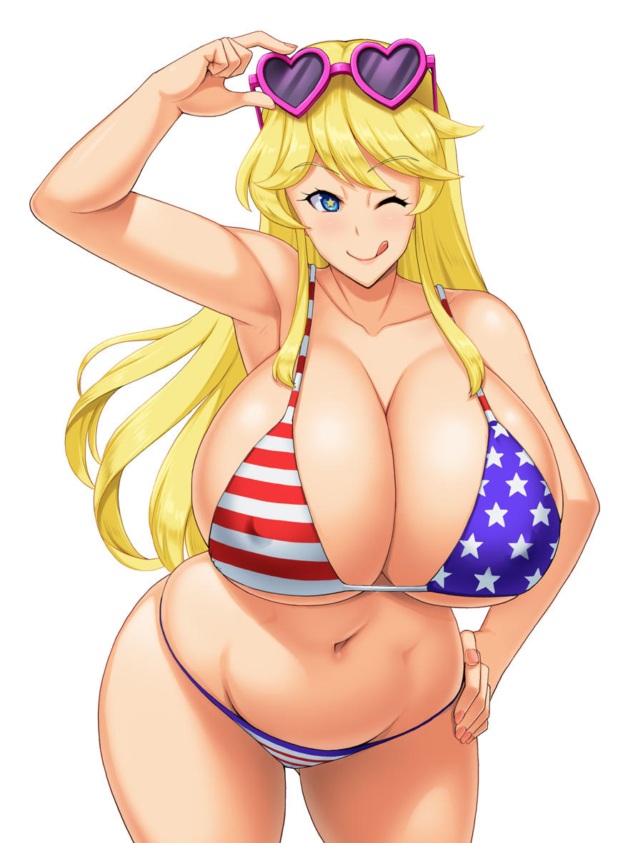 1girls american_flag american_flag_bikini bare_shoulders bikini blonde_eyebrows blonde_hair blue_eyes breasts bursting_breasts cleavage collarbone covered_erect_nipples curvaceous curvy erect_nipples eyebrows eyebrows_visible_through_hair eyewear facing_viewer female female_focus flag_bikini flag_print hand_on_hip heart heart-shaped_eyewear heart-shaped_sunglasses highres huge_breasts iowa_(kantai_collection) kantai_collection kawanuma_uotsuri leaning_forward long_hair looking_at_viewer navel nipples_visible_through_bikini solo standing star-shaped_pupils star_(symbol) sunglasses sunglasses_on_head swimsuit symbol-shaped_pupils tight_bikini tongue tongue_out very_long_hair white_background wink