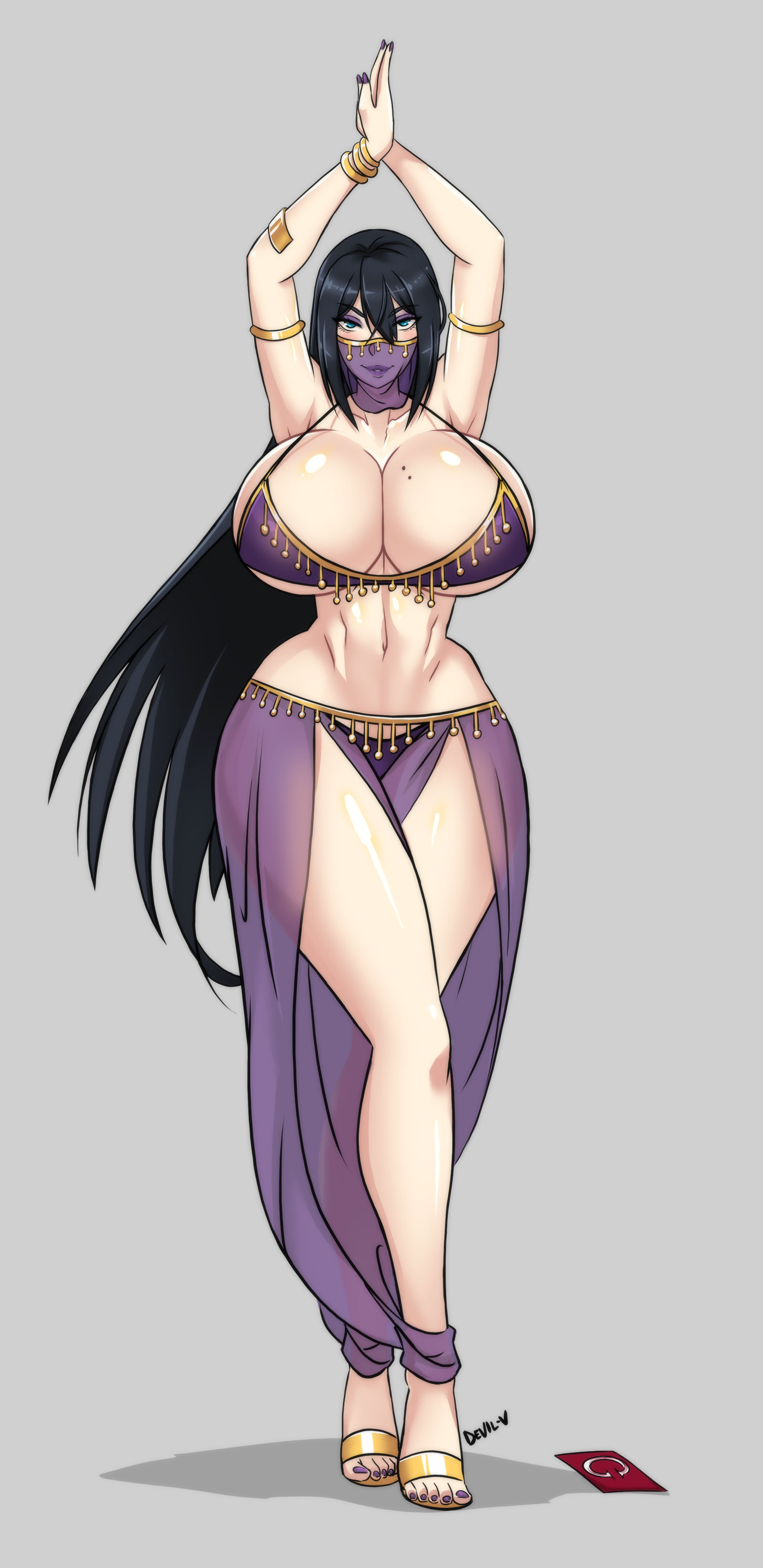 2018, belly dancer, big breasts, black hair, breasts, cleavage, dancer, dancer outfit, devil-v, female, harem outfit, huge breasts, lucretia (kristinakatt), purple nails, tagme, thick, thick thighs