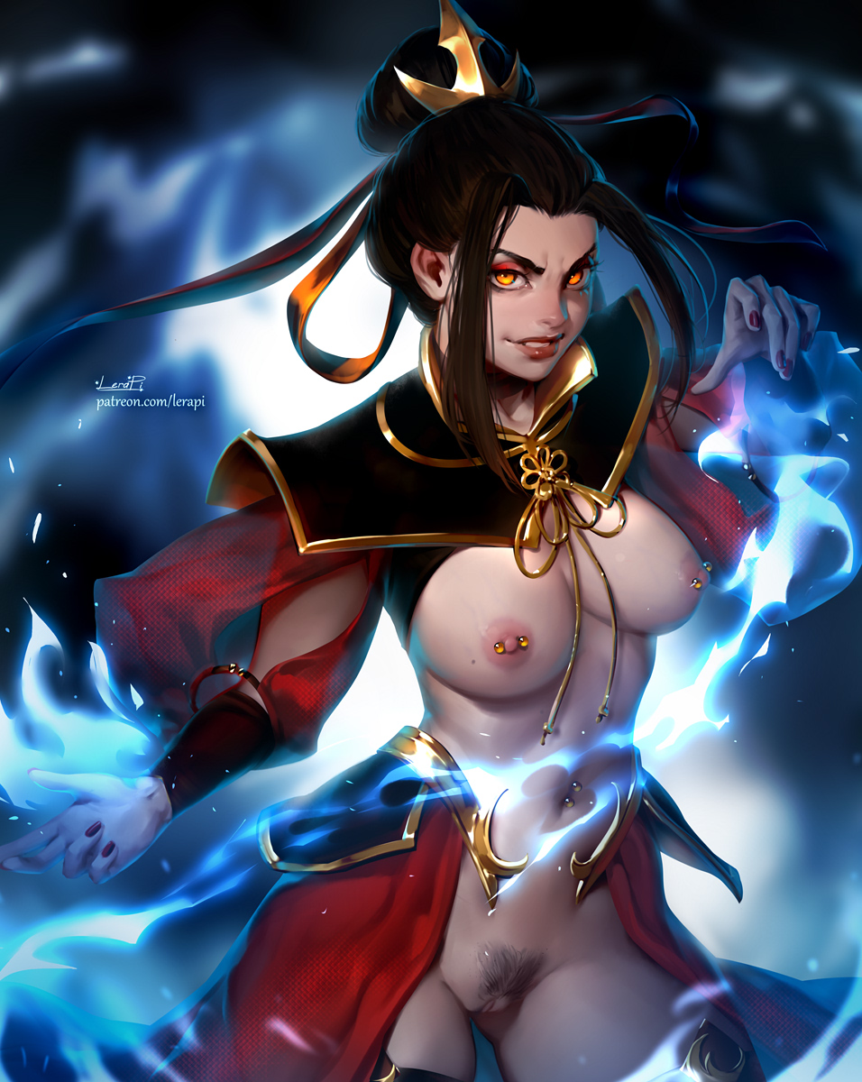 1girls, aleriia v, areolae, avatar the last airbender, azula, breasts, clothing, exposed breasts, exposed pussy, female, female only, fire nation, lerapi, medium breasts, nail polish, nickelodeon, nipple piercing, nipples, piercing, pubic hair, pussy, red nails, solo