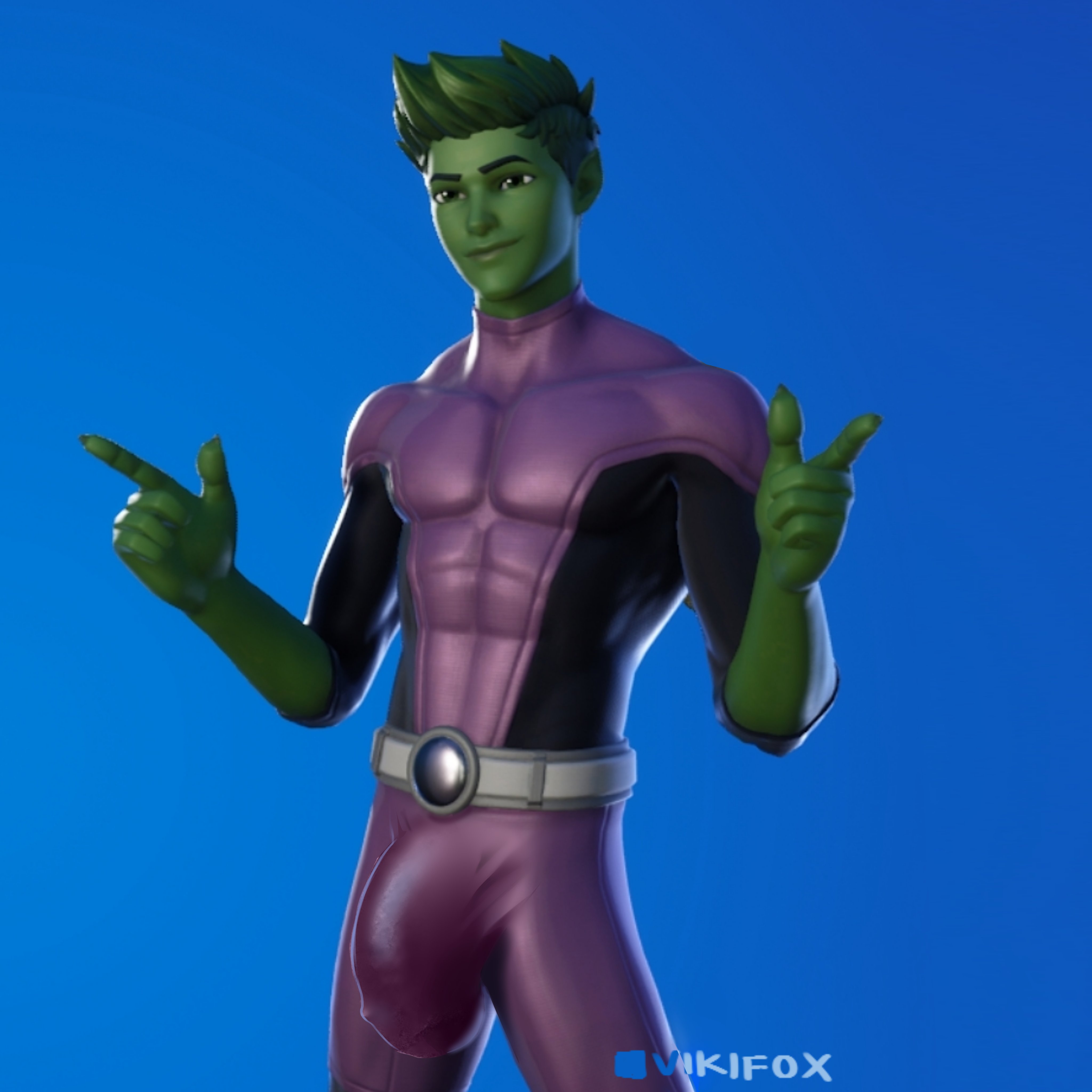1boy, 3d, 5 fingers, anthro, artist logo, artist name, artist signature, beast boy, beast boy (fortnite), belt, big bulge, big penis, black shirt, bulge, dc, dc comics, edit, epic games, finger gun, flaccid, flaccid penis, foreskin, fortnite, fortnite (dc comics), fortnite: battle royale, game screenshot, garfield logan, green body, green hair, green skin, huge bulge, male, male focus, male only, pecs, pectorals, penis, penis bulge, pink clothing, pink pants, pointing, screenshot edit, short hair, six pack, solo, standing, suit, tight clothes, tight clothing, tight pants, tight shirt, titans, twink, two-tone clothing, uncircumcised, uncut, vikifox (artist), watermark