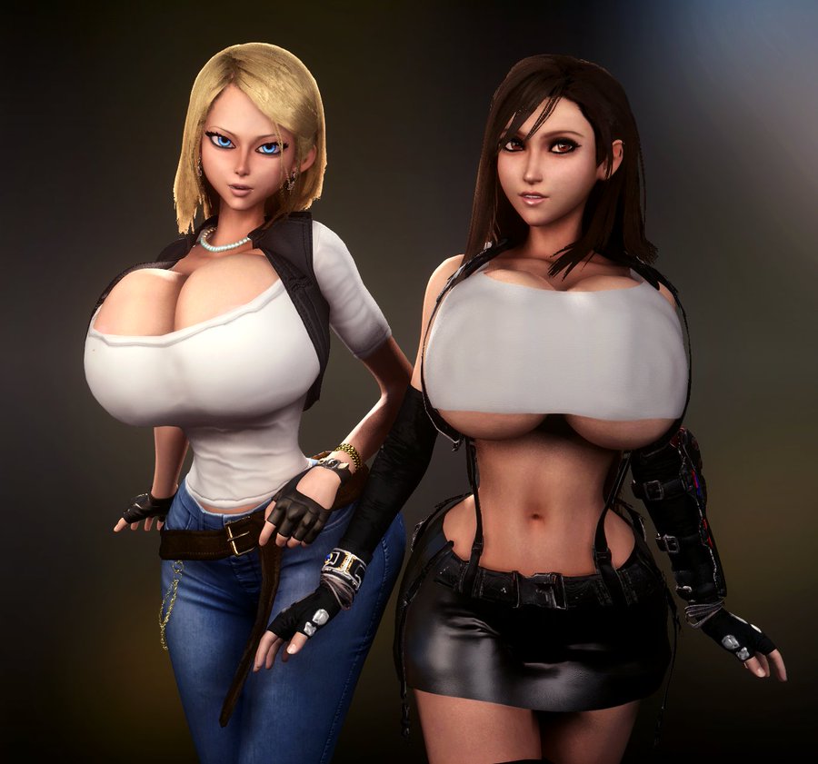 2girls, 3d, 3d (artwork), abs, alternate breast size, android 18, bare shoulders, big breasts, big hips, blonde hair, blue eyes, breasts, brown hair, busty, cleavage, clothed, clothed female, curvy, dragon ball, dragon ball super, dragon ball z, enormous breasts, eyebrows, eyelashes, female, female only, final fantasy, final fantasy vii, fingerless gloves, gigantic breasts, gloves, hair, highres, hips, hourglass figure, huge breasts, huge hips, human, human female, humanoid, hyper, hyper breasts, jeans, large breasts, large hips, lips, long hair, looking at viewer, massive breasts, mature, mature female, midriff, midriff baring shirt, milf, miniskirt, nose, pants, pearl necklace, red eyes, shiny, shiny skin, shirt, short skirt, shounen jump, skirt, slim waist, small waist, thick lips, thighs, thin waist, tifa lockhart, tiny waist, top heavy, upper body, vaako, very long hair, virtamate, voluptuous, wasp waist, wide hips