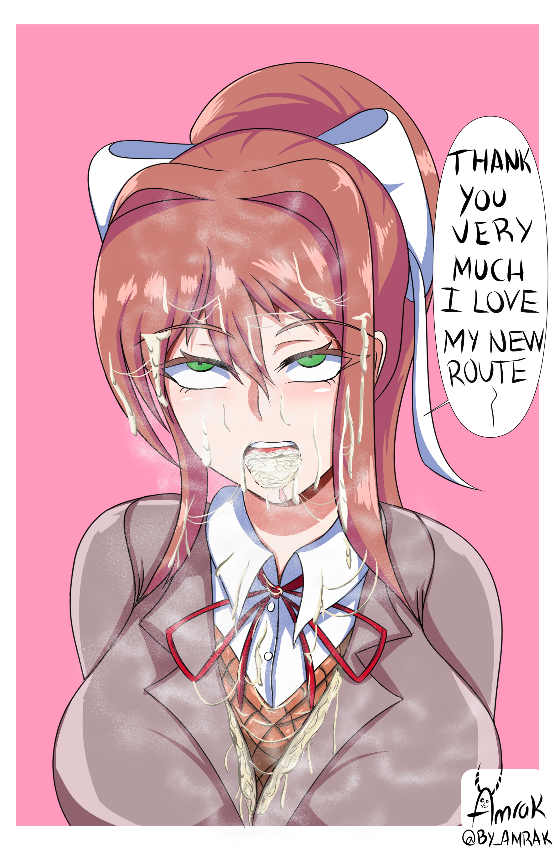 amrak, breasts, brown hair, cum, cum in mouth, cum on breasts, doki doki literature club, female, green eyes, monika (doki doki literature club), ribbon, school uniform, white ribbon