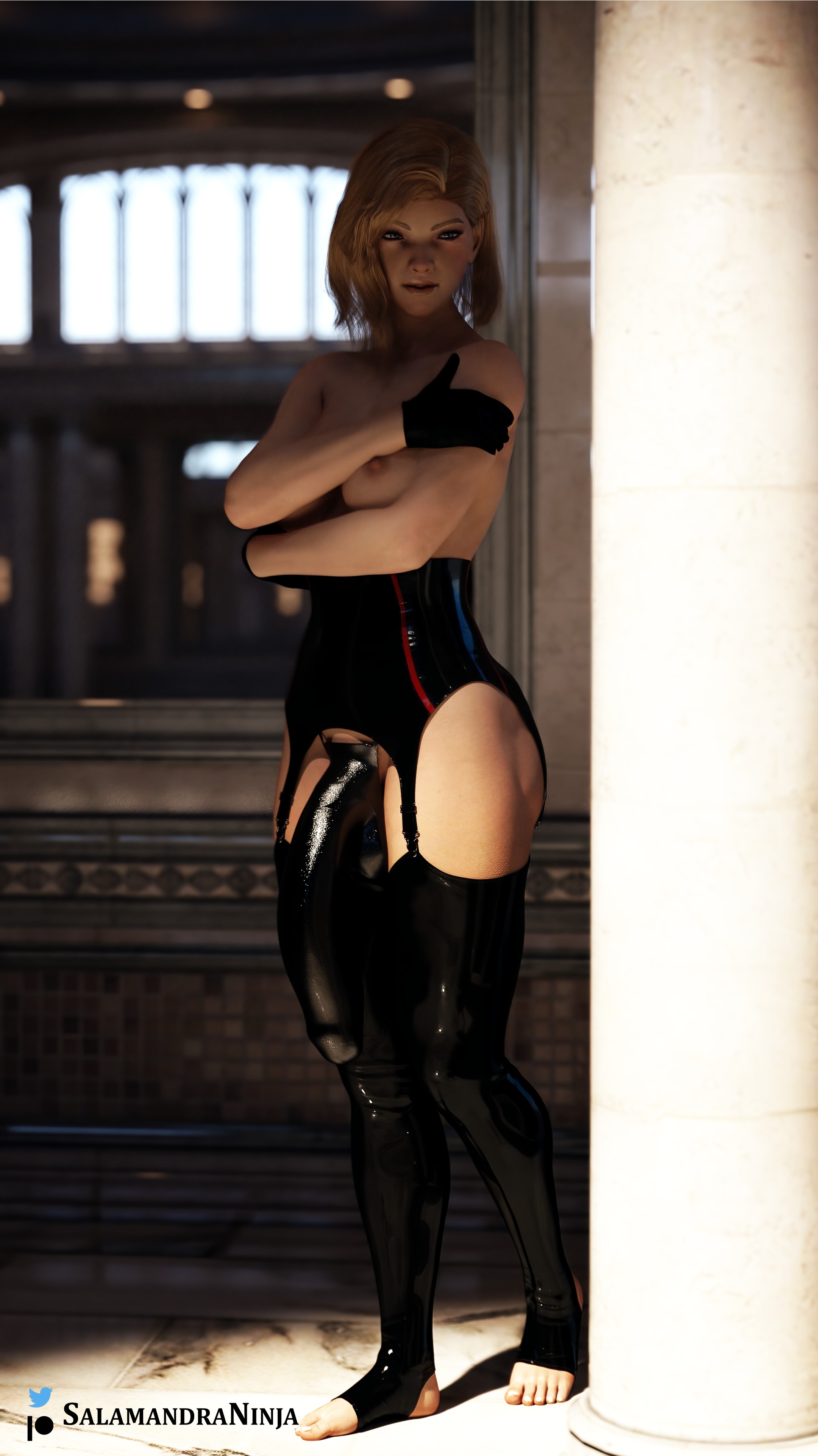 3d, apex legends, breasts, busty, cock sleeve (clothes), futa only, futanari, garter belt, garter straps, gloves, hourglass figure, intersex, latex, penis, salamandraninja, stockings, tagme, thighhighs, wattson (apex legends), wide hips