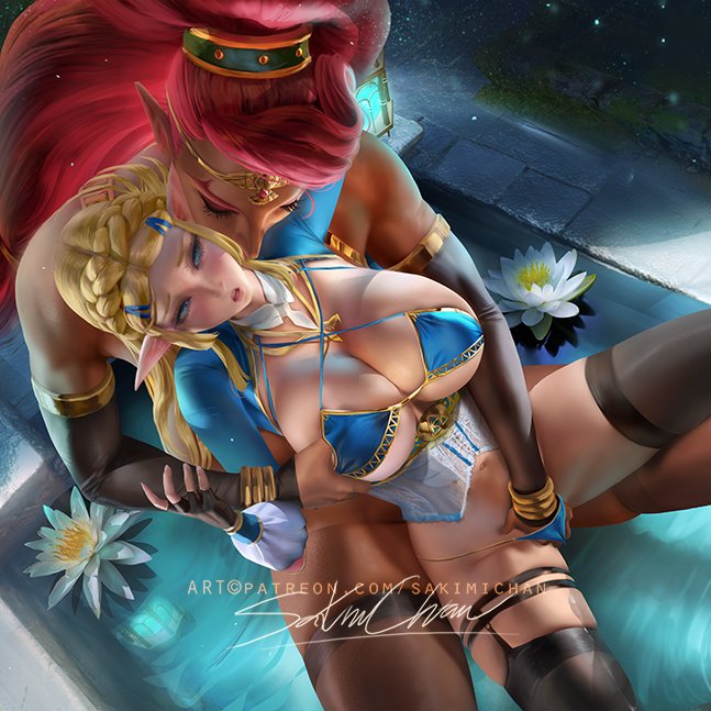 2girls, alternate breast size, big breasts, blonde hair, blue eyes, breasts, breath of the wild, dark skin, dark-skinned female, female, female only, fingering, gerudo, hand in panties, interracial, kissing neck, large breasts, light skin, light-skinned female, multiple females, multiple girls, nintendo, princess zelda, sakimichan, size difference, the legend of zelda, urbosa, yuri, zelda (breath of the wild)