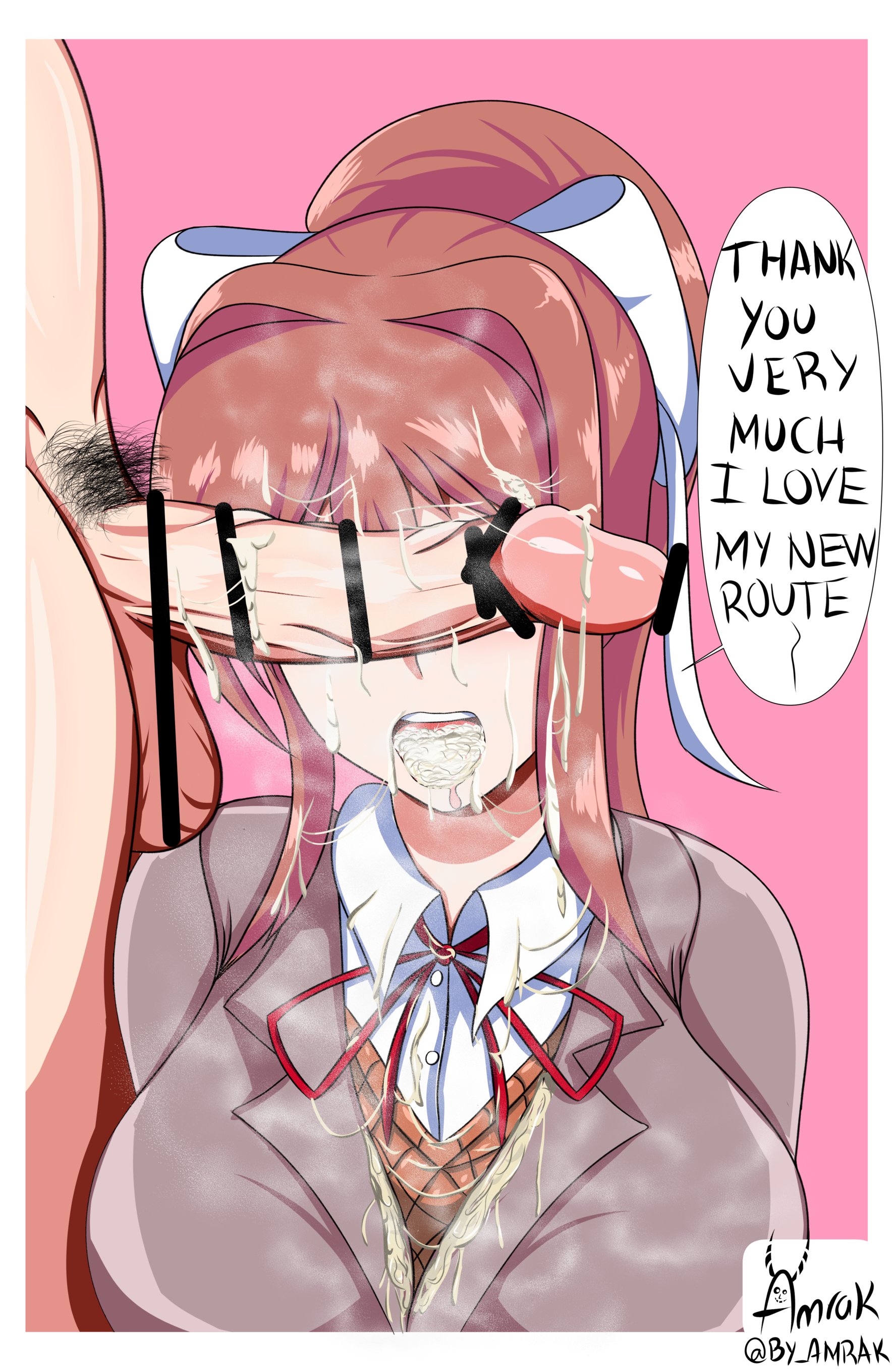 amrak, big penis, breasts, brown hair, cum, cum in mouth, doki doki literature club, female, male, monika (doki doki literature club), partial male, penis, penis on face, penis over eyes, ribbon, school uniform, white ribbon