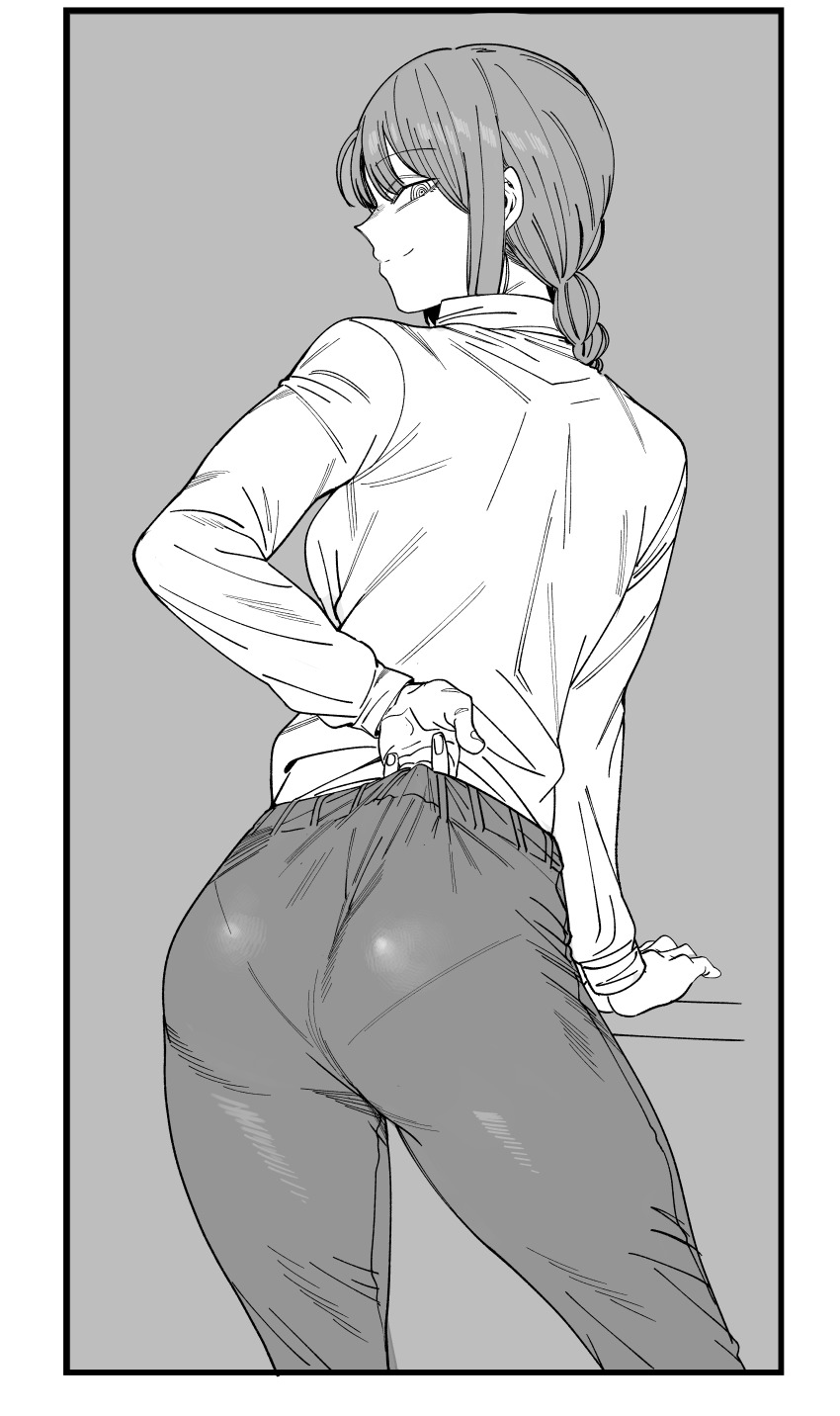 1girls ass_focus big_ass black_and_white chainsaw_man clothing curvy looking_at_viewer makima_(chainsaw_man) mature_female mature_woman office_clothing shirt_tucked_in smile smiling smiling_at_viewer smirk solo thick_ass thick_thighs tucked_shirt urec wedgie wide_hips