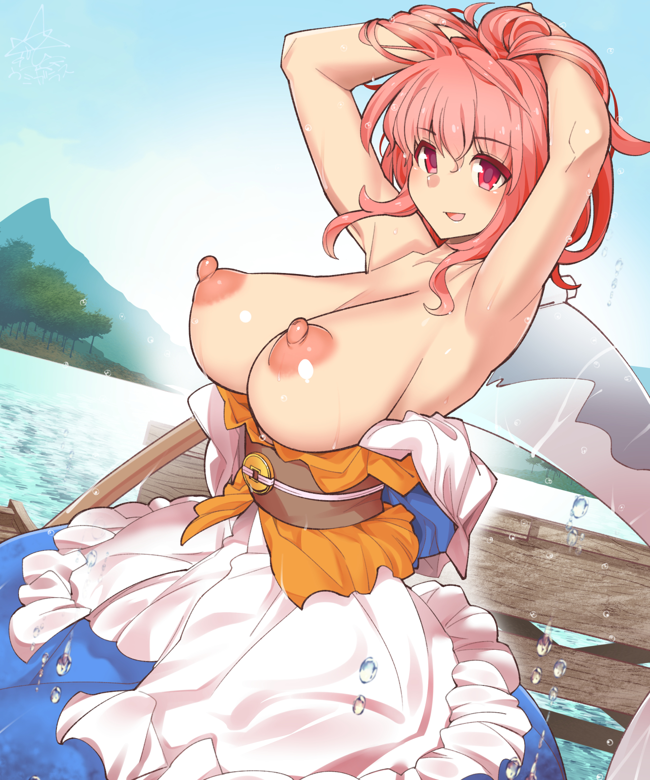 armpits, arms up, bangs, breasts, coin, day, dress, dutch angle, eyebrows visible through hair, female, hand in hair, highres, komachi onozuka, lake, large breasts, medium hair, nipples, open mouth, outdoors, perky breasts, pink hair, pointy breasts, red eyes, scythe, shiny, shiny skin, smile, solo, topless, touhou, umigarasu (kitsune1963), water, water drop, wet