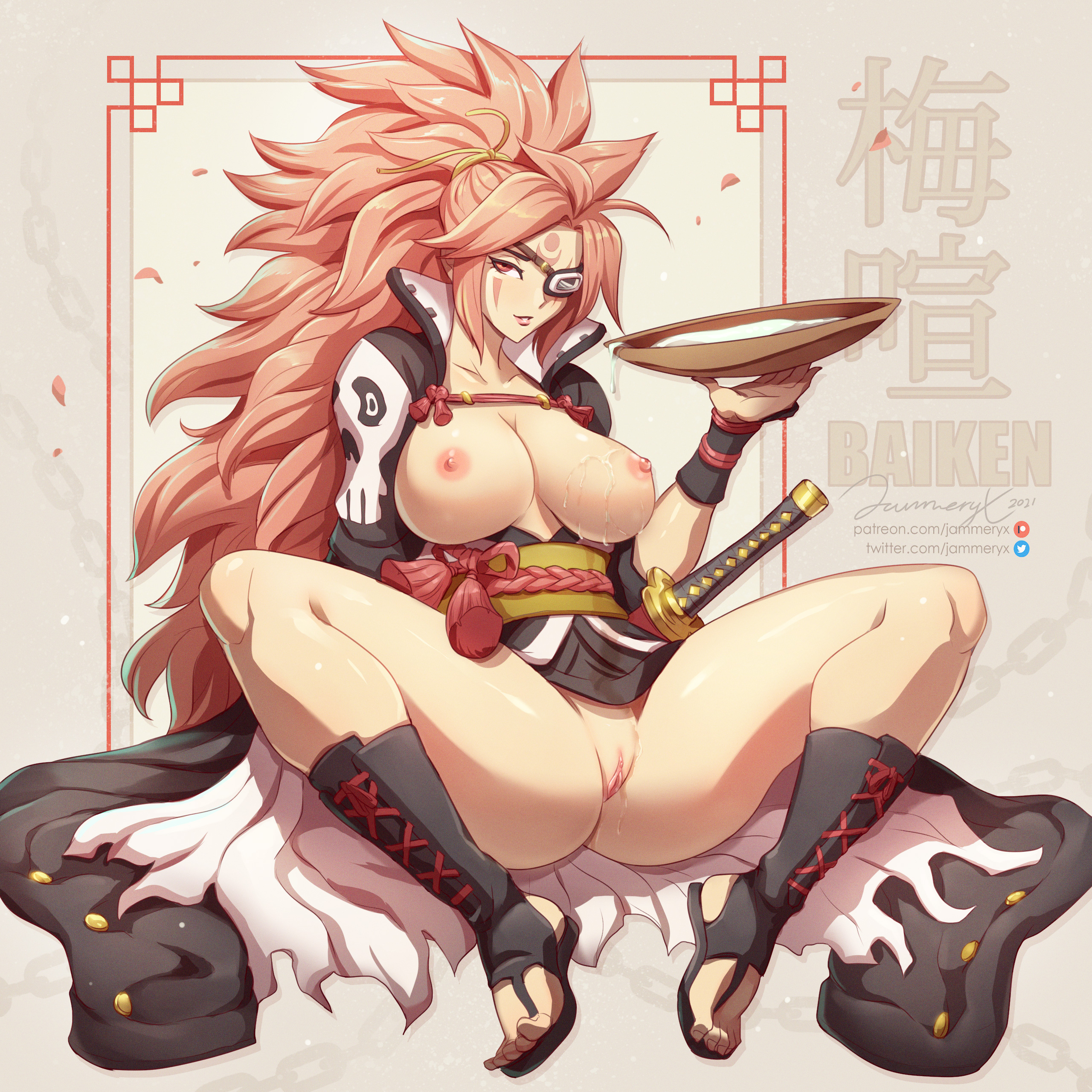 armor, baiken, blush, breasts, eye patch, facial markings, feet, female, guilty gear, jammeryx, kimono, legs, long hair, looking at viewer, nipples, open toe shoes, pink eyes, pink hair, pussy, pussy juice, solo, solo female, spread legs, toes, wet, wet skin