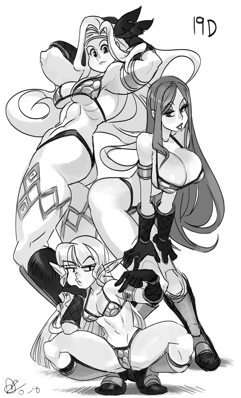 3girls abs alex_ahad amazon_(dragon's_crown) arm_guards armband ass belt big_breasts bikini bikini_armor boots braided_hair breasts cleavage crouching dragon's_crown elf elf_(dragon's_crown) female female_only greyscale headband hi_res long_hair looking_at_viewer matching_outfit muscular muscular_female posing sideboob sorceress_(dragon's_crown) tattoo thick_thighs underboob v_sign very_long_hair white_background