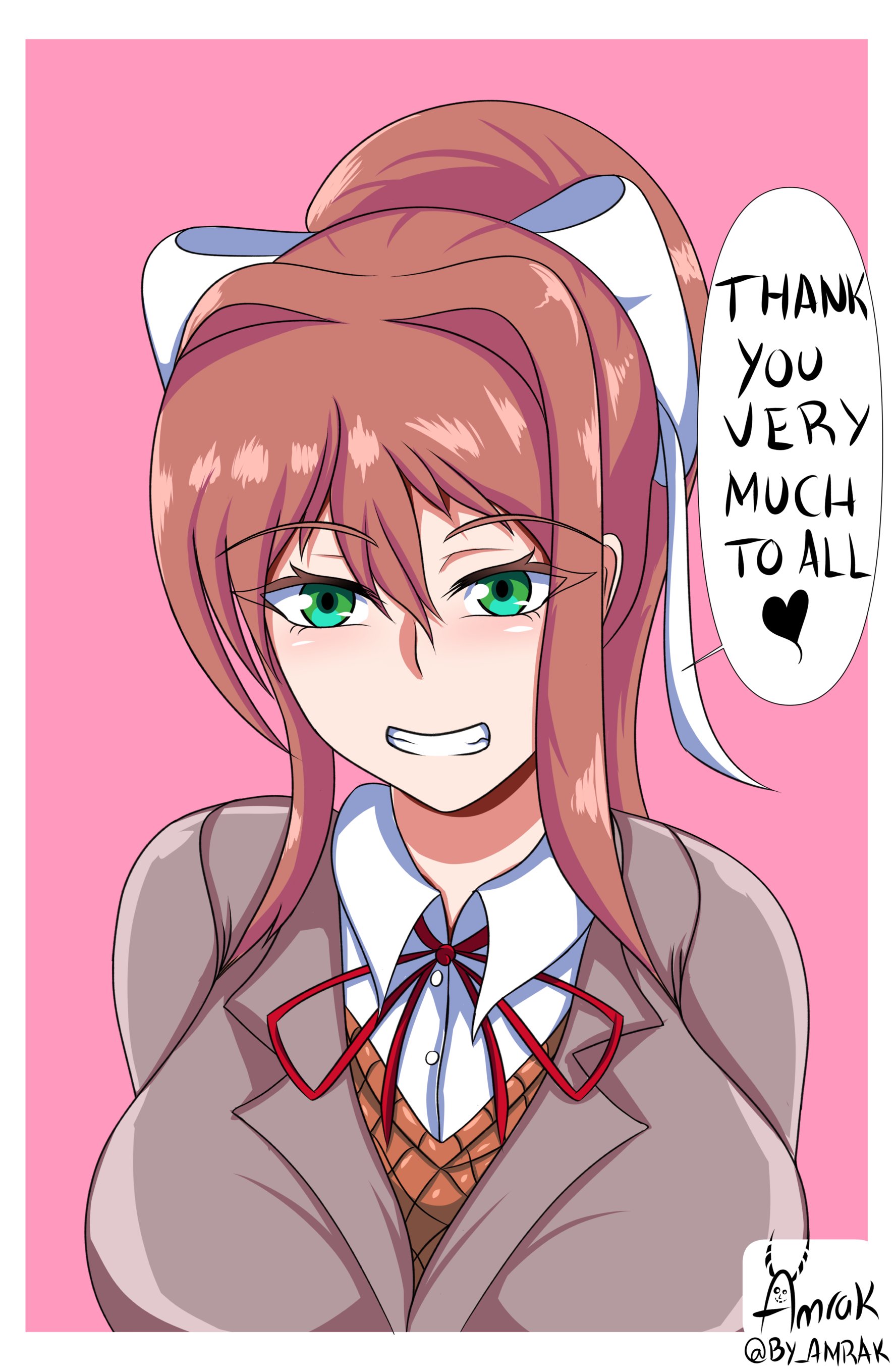 amrak, breasts, brown hair, doki doki literature club, female, green eyes, monika (doki doki literature club), ribbon, school uniform, white ribbon