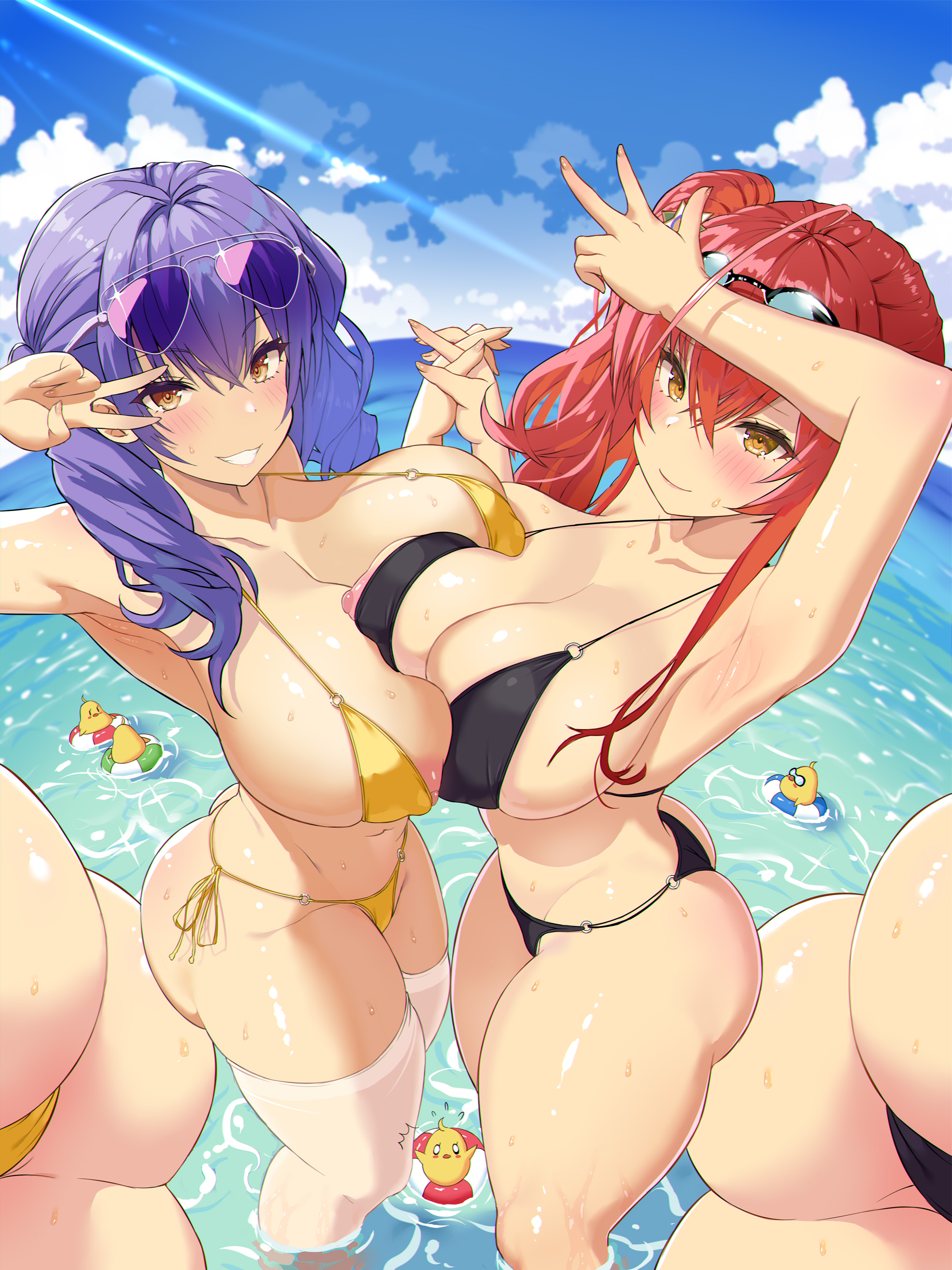 2021, 2girls, areola slip, areolae, ariso kaoru, arm up, armpits, ass, ass shot, asymmetrical hair, azur lane, beach, bikini, black bikini, blue hair, blue sky, blush, breast press, breast to breast, breasts, bubble ass, bubble butt, cleavage, detailed background, erect nipples, female, female focus, female only, goggles, goggles on head, gold eyes, hi res, holding hands, huge ass, huge breasts, large areolae, looking at viewer, manjuu (azur lane), medium hair, multiple females, multiple girls, nipples, outdoors, peace sign, pola (azur lane), pola (seaside coincidence) (azur lane), red hair, shiny skin, side ponytail, side-tie bikini, smile, smiling, standing, sunglasses, sunglasses on head, swimsuit, symmetrical docking, thick thighs, thighhighs, thighs, twintails, water, wet, wet body, white thighhighs, yellow bikini, zara (azur lane), zara (poolside coincidence) (azur lane)