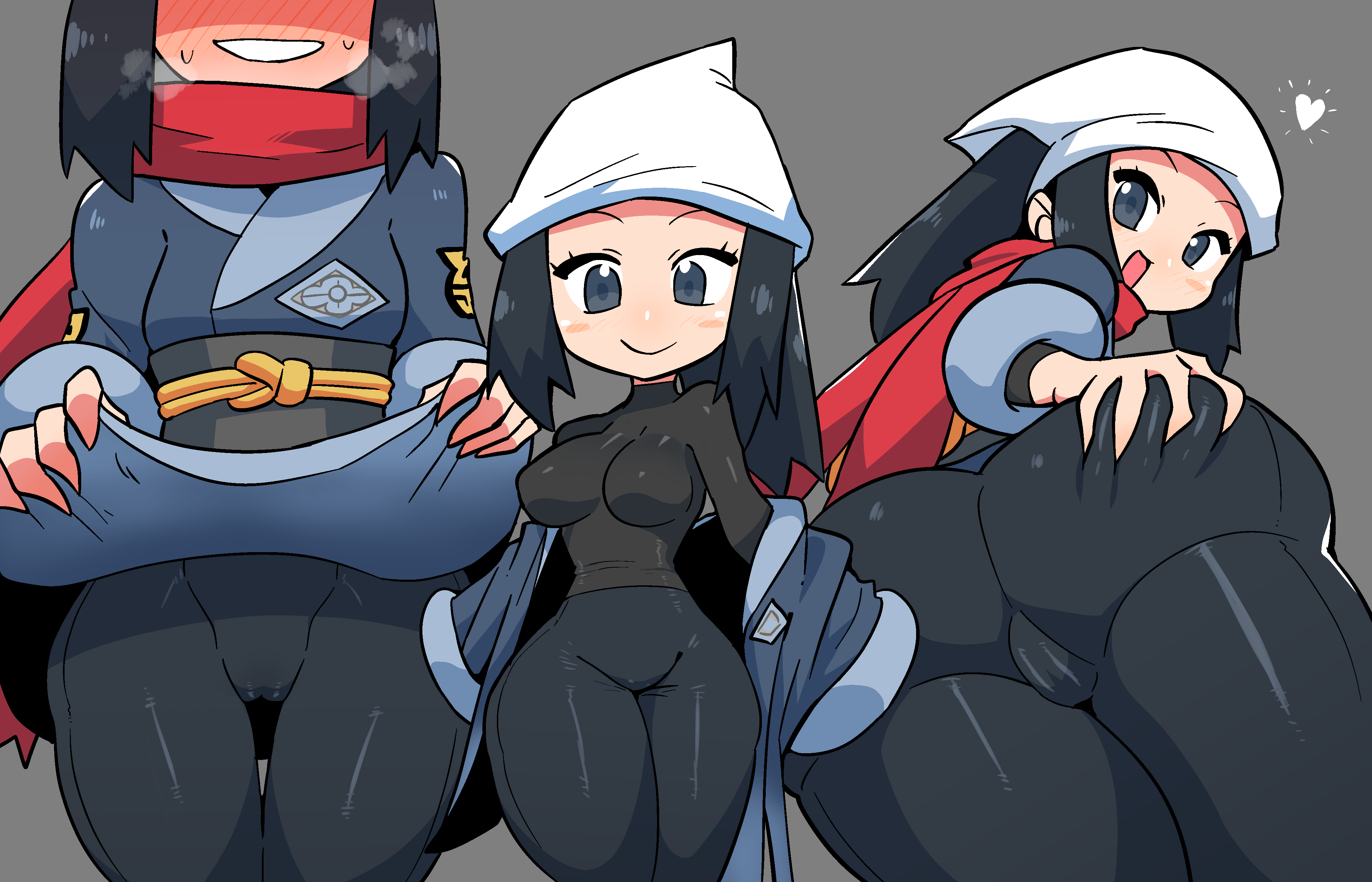 1girls, absurd res, akari (pokemon), ass, ass crack, ass grab, black hair, black legwear, blush, blush stickers, breasts, butt crack, cameltoe, clothing, crap-man, female, female protagonist, grabbing own ass, green eyes, groping, heart, hi res, legwear, looking at viewer, looking back, nintendo, open mouth, pokemon, pokemon legends: arceus, pussy, red neckwear, red scarf, scarf, smile, sweat, tight clothing, undressing, white headwear