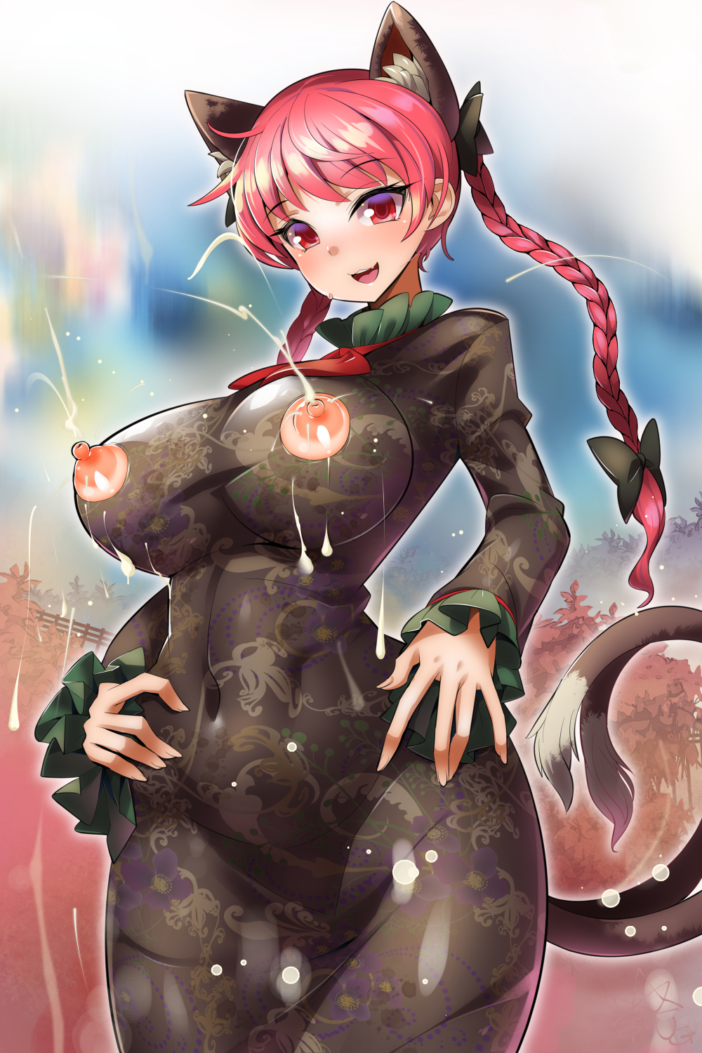 :3, :d, 2 tails, animal ears, bangs, black bow, black dress, bow, braid, breasts, cat ears, cat tail, covered navel, cowboy shot, curvy, dress, female, female only, hairbow, highres, impossible clothes, impossible dress, lactation, large breasts, long hair, long sleeves, looking at viewer, multi ear, multi tail, nippleless clothes, nipples, open mouth, puffy nipples, red eyes, red hair, revealing clothes, rin kaenbyou, smile, solo, solo female, tail, taut clothes, taut dress, tight, tight dress, touhou, twin braids, twintails, umigarasu (kitsune1963), wide hips