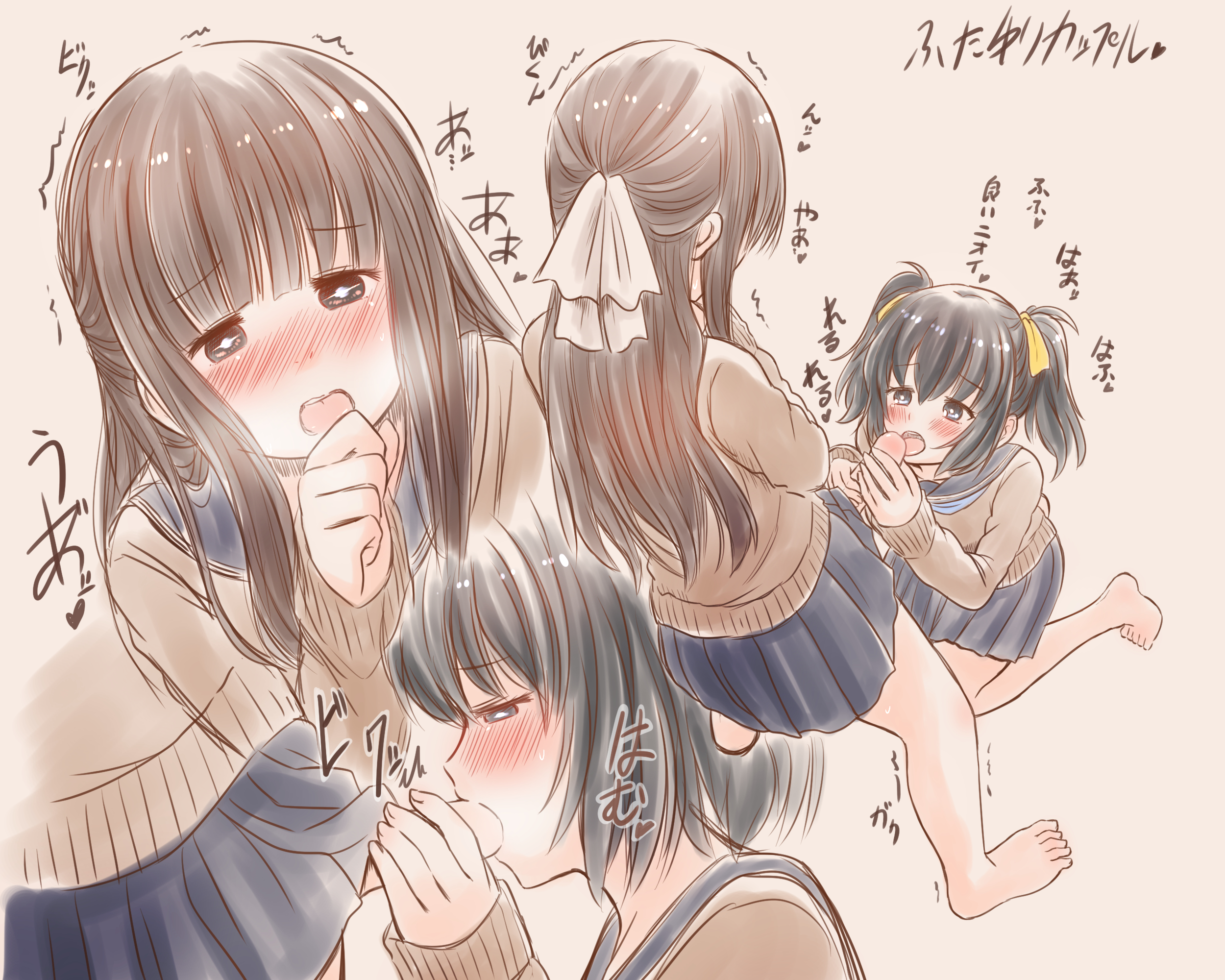 1futa, 1girls, azumanishiki, barefoot, black eyes, black hair, blush, clothed, clothing, duo, feet, fellatio, female, fully clothed, futa on female, futa with female, futanari, hair ribbon, highres, human, intersex, light skin, light-skinned female, light-skinned futa, long hair, mostly clothed, open mouth, oral, original, pale skin, penis, ribbon, sex, sitting, skirt, standing, toes, translation request, twintails, yellow ribbon