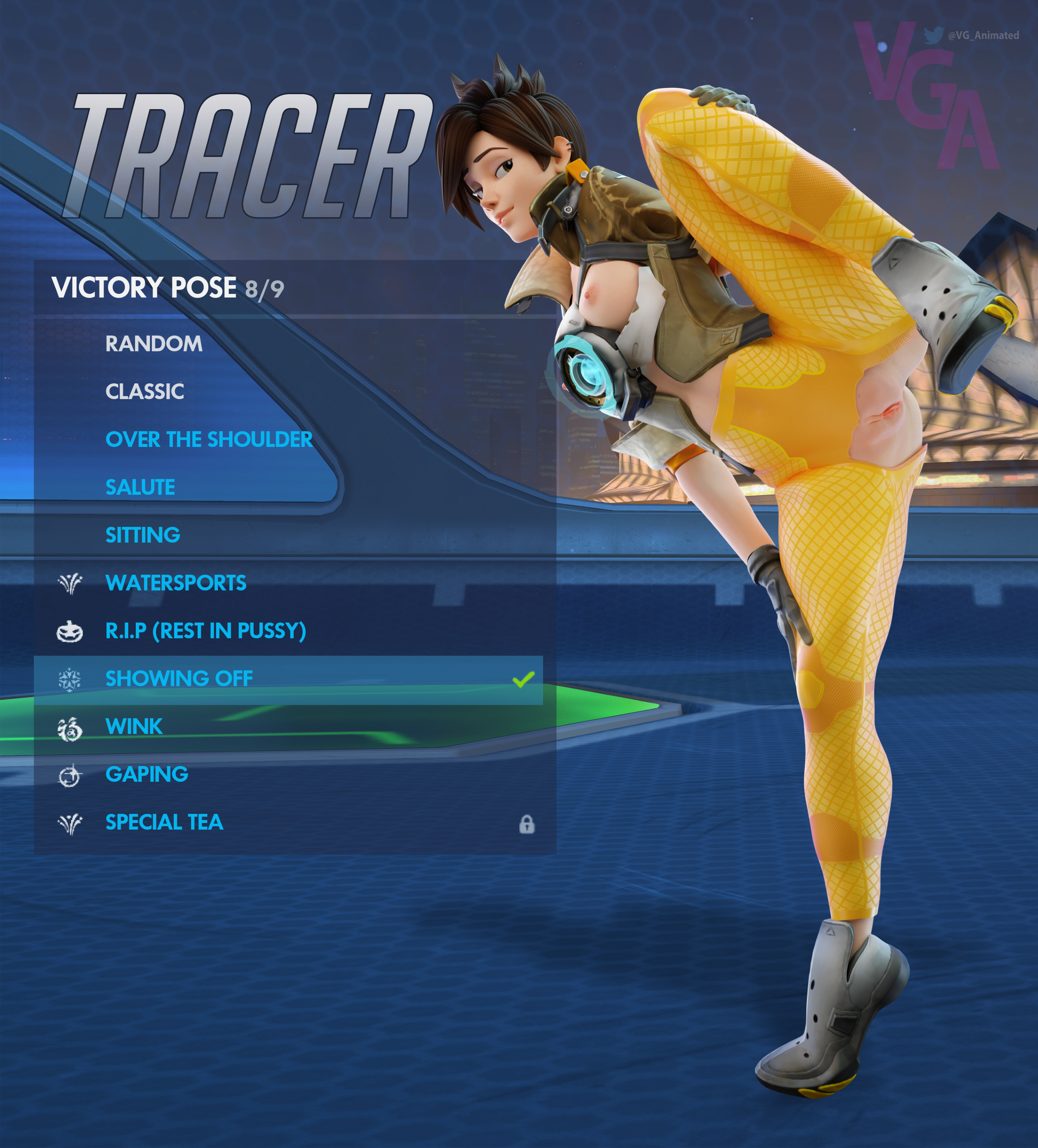 3d, breasts, brown hair, female, flashing, flashing breasts, flashing pussy, gameplay mechanics, medium breasts, naked, nude, nude female, overwatch, overwatch 2, parody, pussy, short hair, skinny, solo, solo female, topless, tracer, tracer (overwatch 2 suit), vganimated