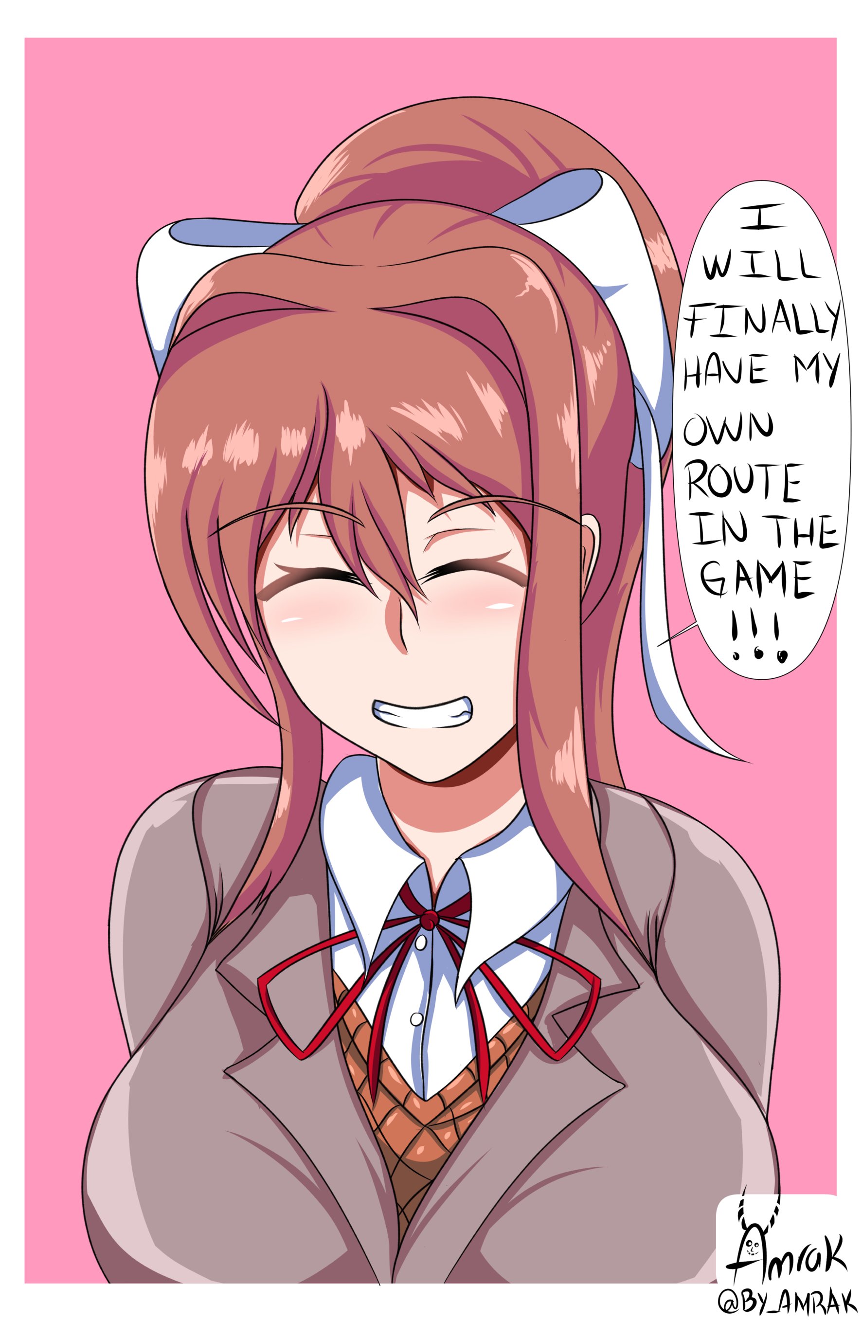 amrak, breasts, brown hair, doki doki literature club, female, monika (doki doki literature club), ribbon, school uniform, smile, white ribbon