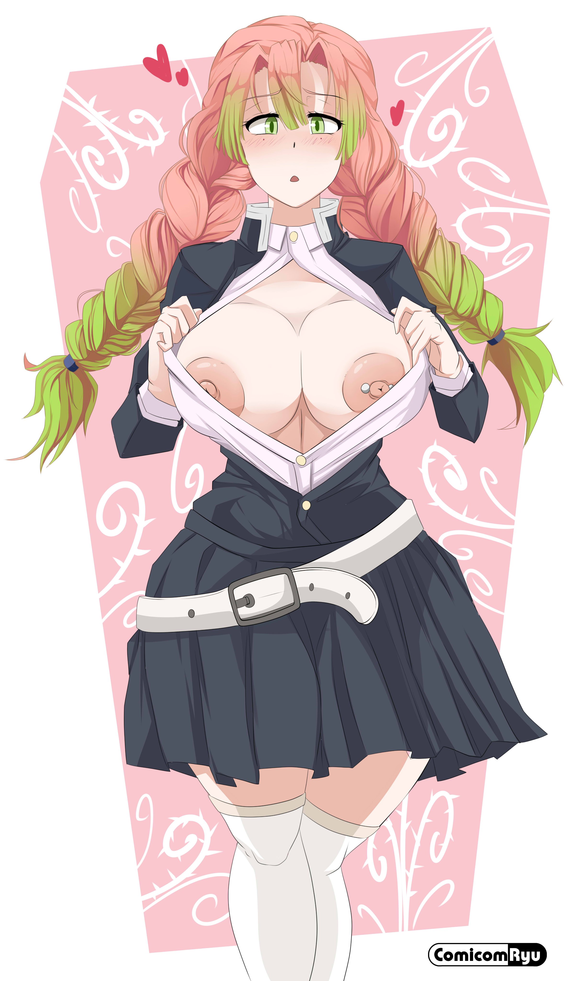 1girls, big breasts, braided hair, breasts, comicomryu, demon slayer, female, green hair, kanroji mitsuri, kimetsu no yaiba, long hair, pierced nipples, pink hair, pink-haired female, pleated skirt, showing breasts, solo, thighhighs
