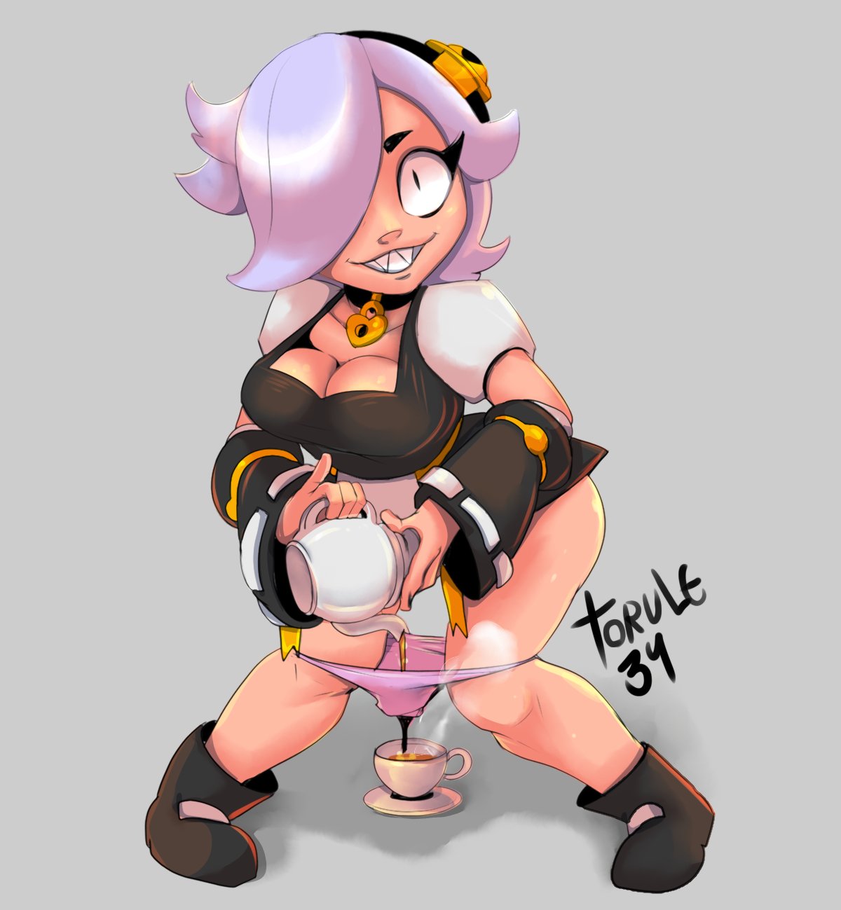 1girls a_fucking_waste_of_tea boots brawl_stars colette_(brawl_stars) cup drink drink_in_panties drink_through_panties female female_only filter_panties filtering_through_panties food grey_background hair_over_one_eye light-skinned_female light_skin liquid_through_panties maid maid_uniform panties panties_around_legs panty_filter purple_hair sharp_teeth solo solo_female supercell tea tea_cup torule34 white_hair